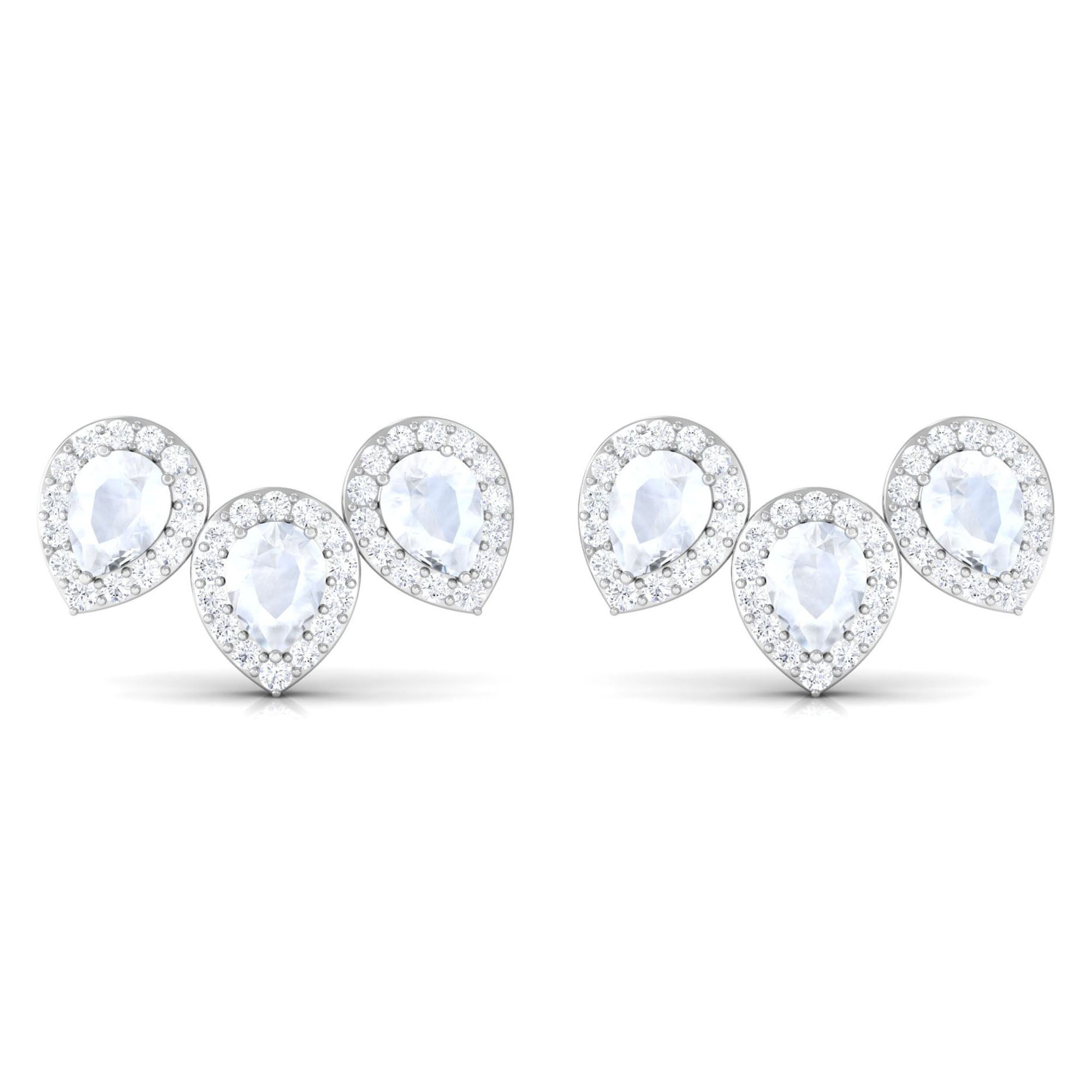 Pear Shape Moonstone Three Stone Bridal Stud Earrings with Diamond Halo Moonstone - ( AAA ) - Quality - Rosec Jewels