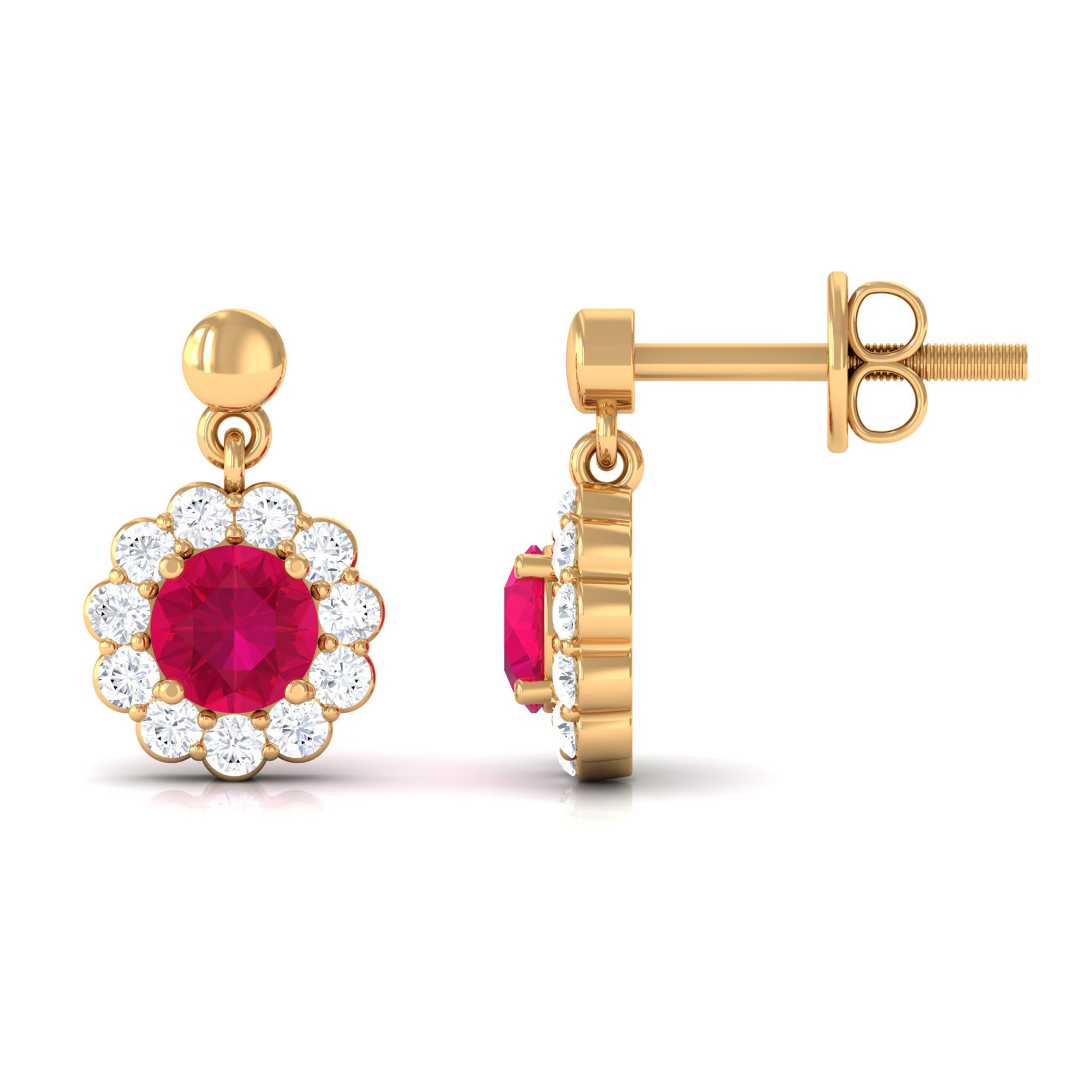 Natural Ruby Flower Drop Earrings with Diamond Halo Ruby - ( AAA ) - Quality - Rosec Jewels