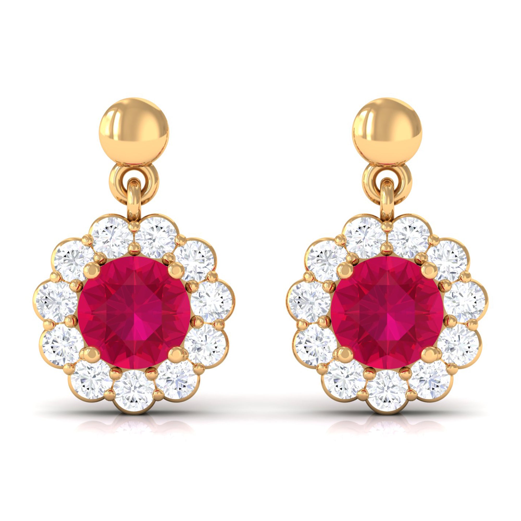 Natural Ruby Flower Drop Earrings with Diamond Halo Ruby - ( AAA ) - Quality - Rosec Jewels