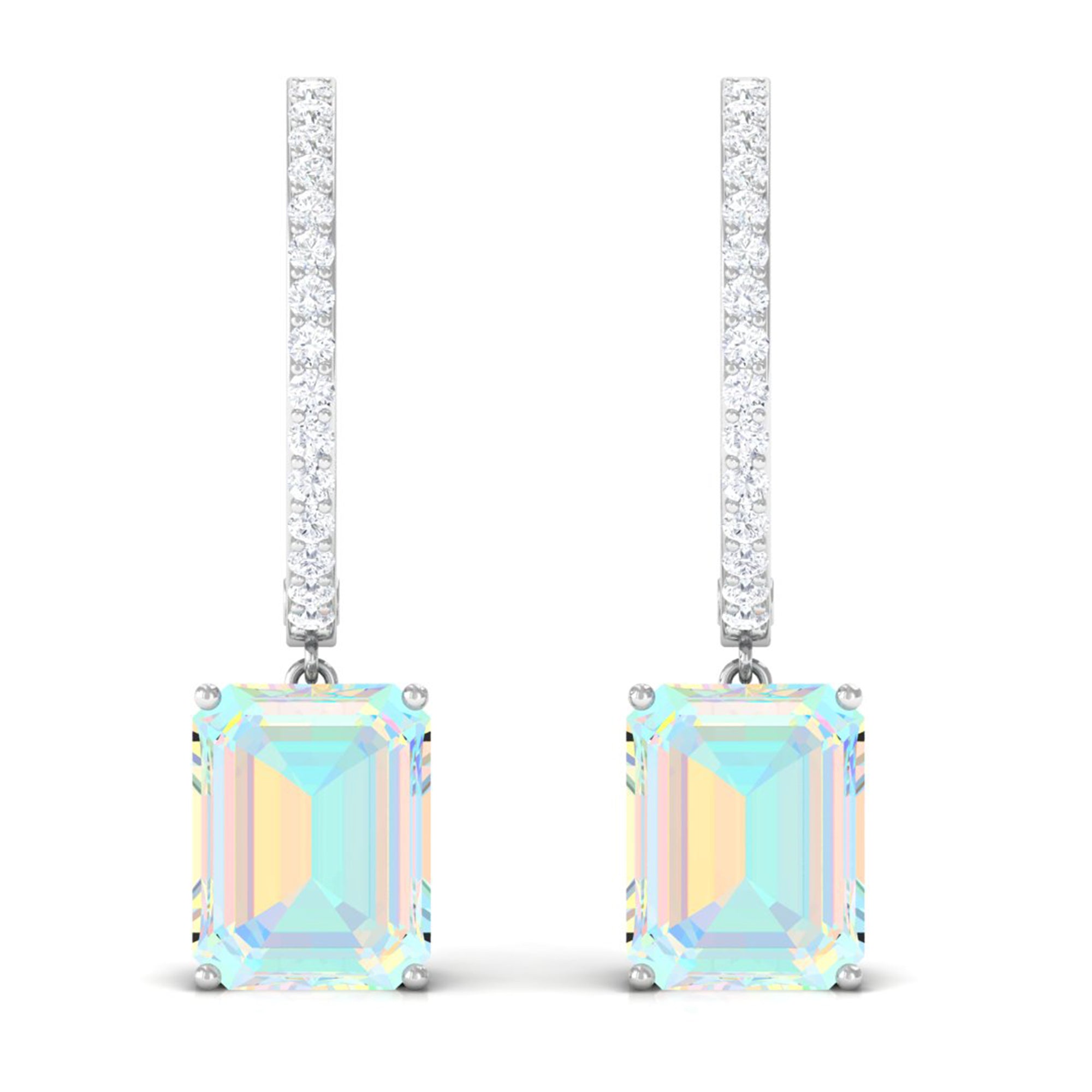 Emerald Cut Ethiopian Opal Minimal Hinged Hoop Drop Earrings with Moissanite Ethiopian Opal - ( AAA ) - Quality - Rosec Jewels