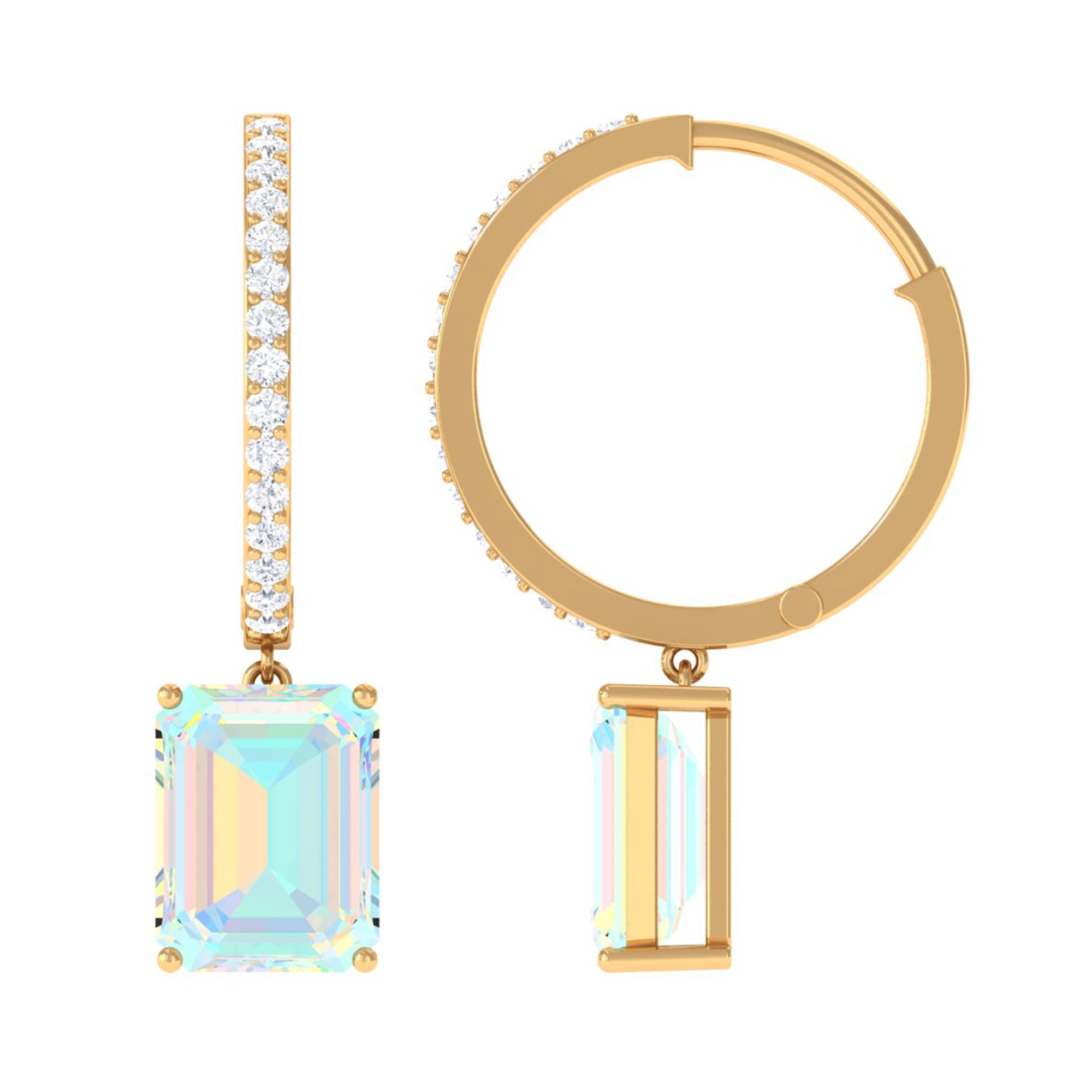 Emerald Cut Ethiopian Opal Minimal Hinged Hoop Drop Earrings with Moissanite Ethiopian Opal - ( AAA ) - Quality - Rosec Jewels