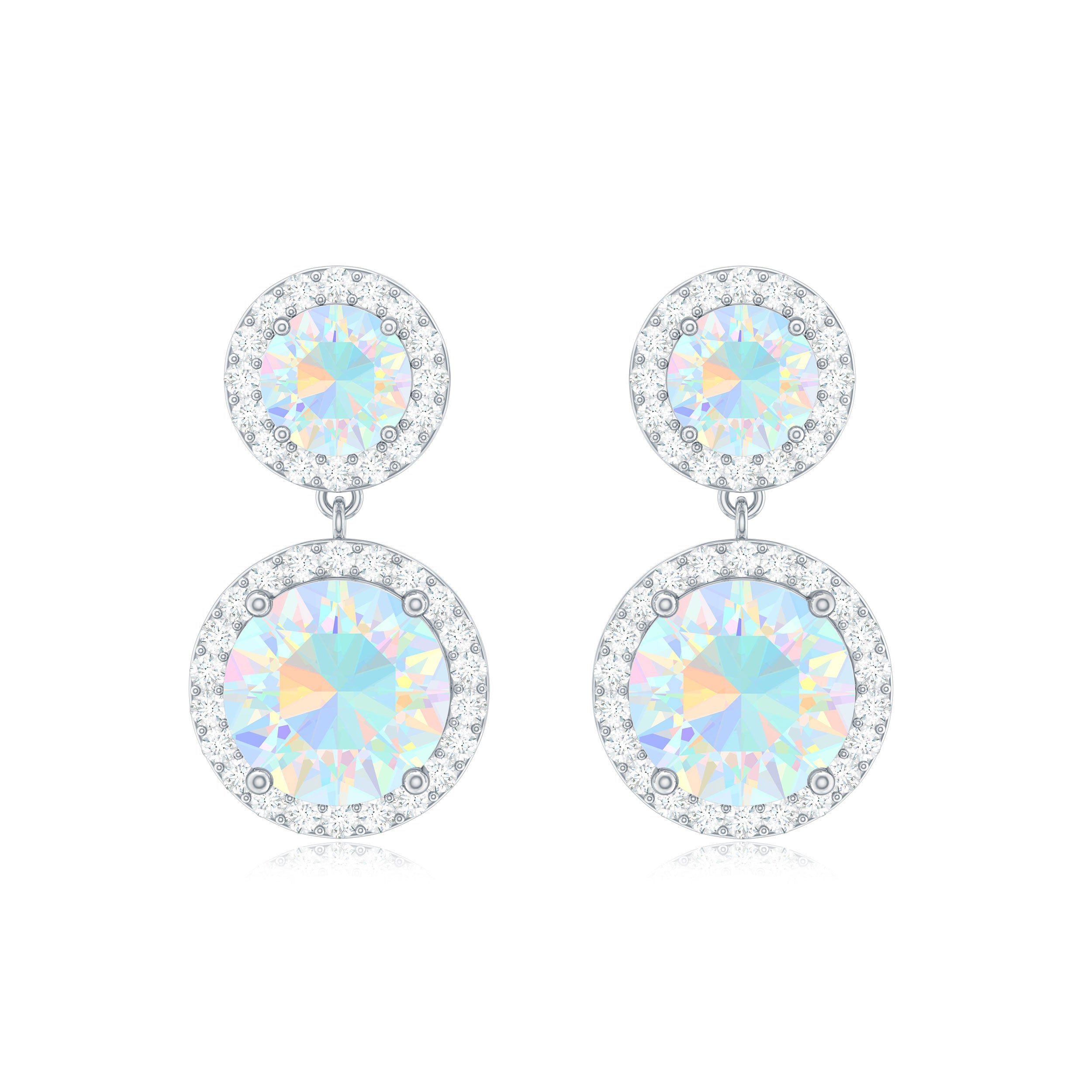 Round Ethiopian Opal and Diamond Halo Dangle Earrings Ethiopian Opal - ( AAA ) - Quality - Rosec Jewels