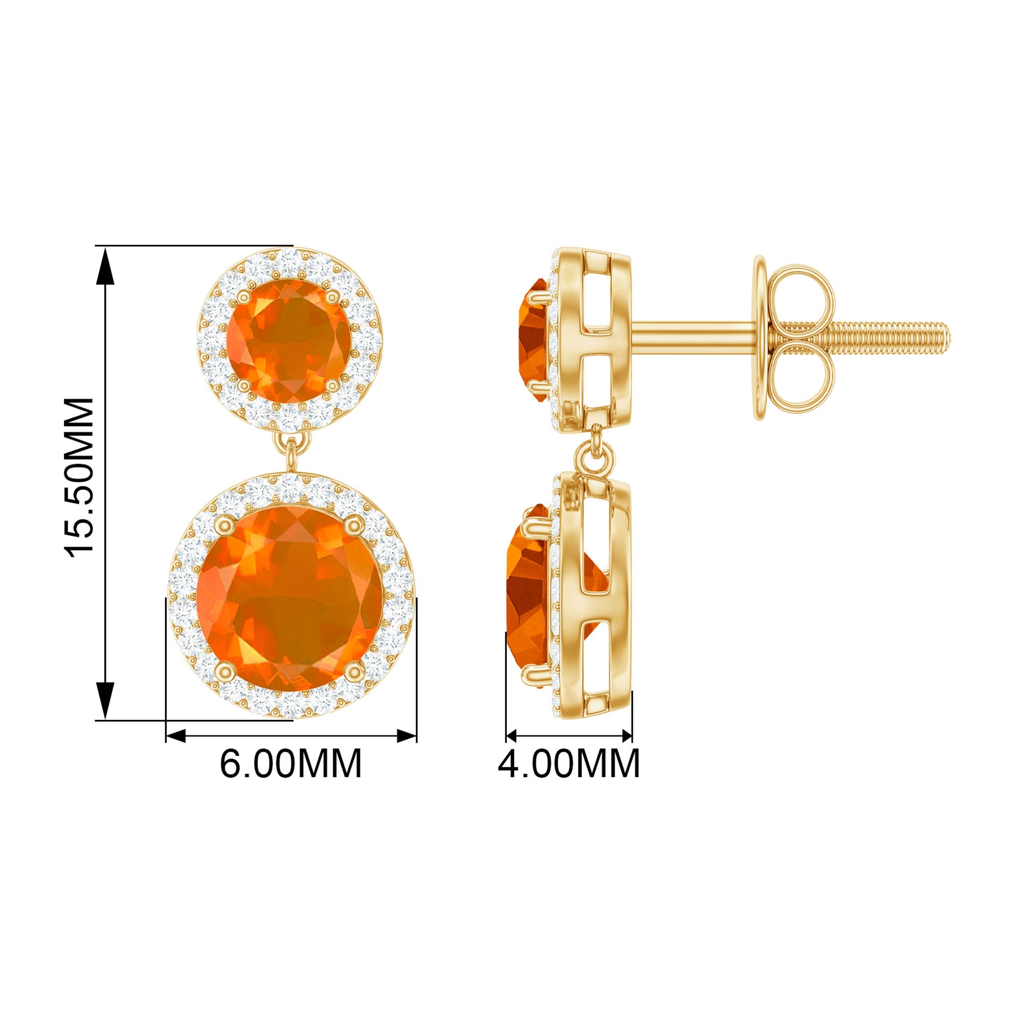 Natural Fire Opal and Diamond Halo Dangle Earrings Fire Opal - ( AAA ) - Quality - Rosec Jewels