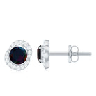 Classic Round Stud Earrings with Black Opal and Diamond Black Opal - ( AAA ) - Quality - Rosec Jewels