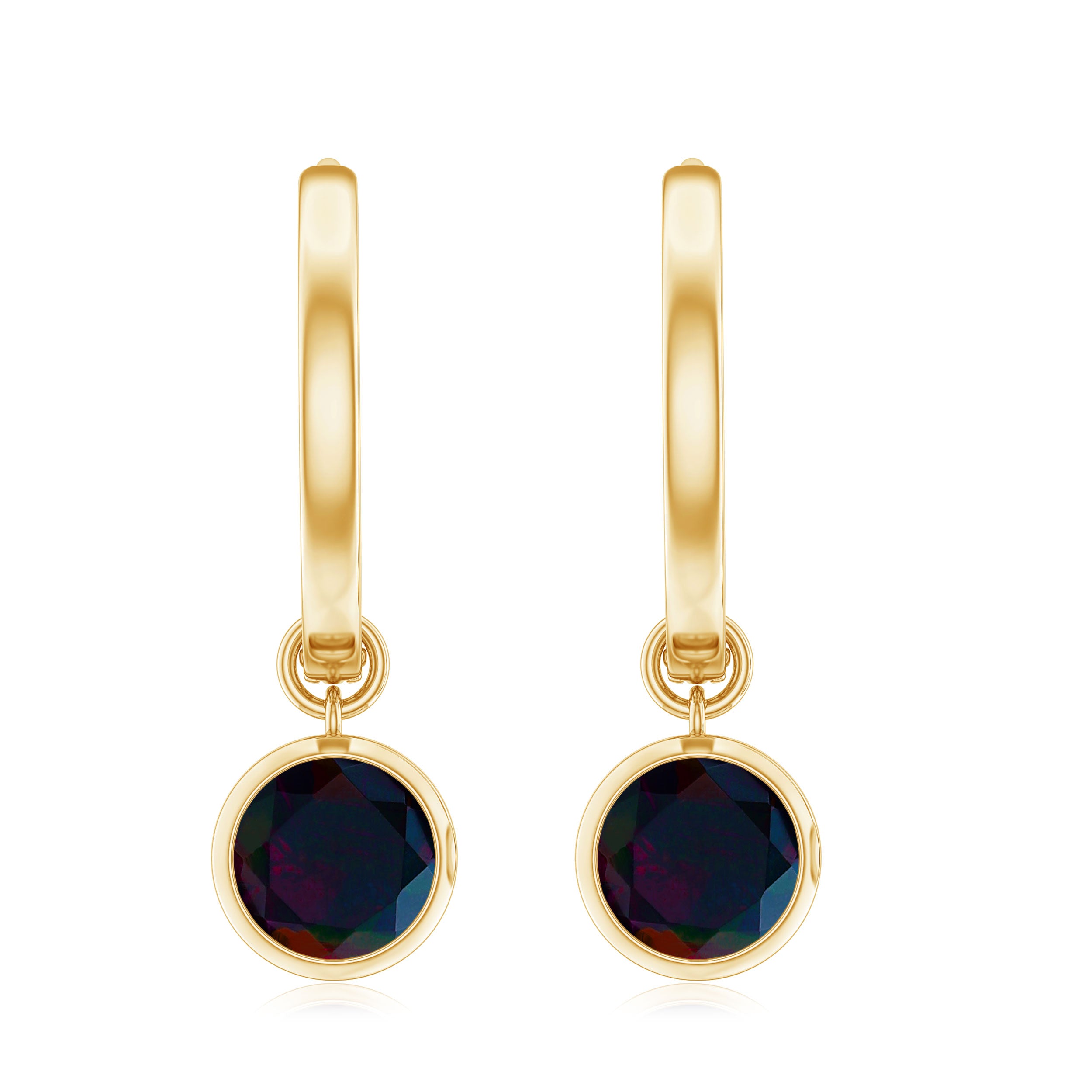 Simple Gold Hoop Drop Earrings with Bezel Set Round Black Opal Black Opal - ( AAA ) - Quality - Rosec Jewels