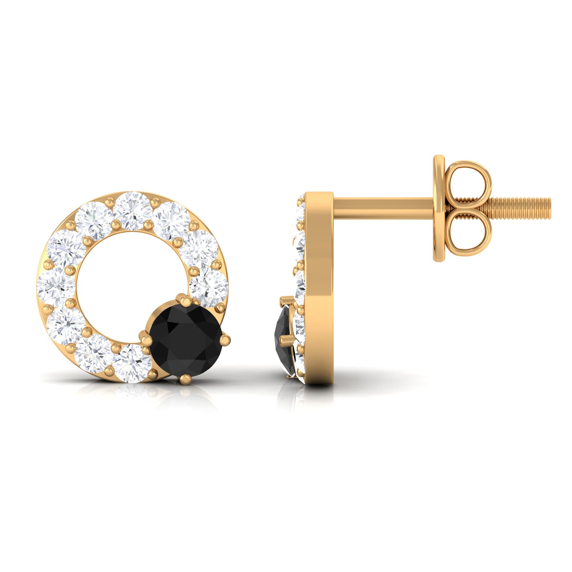 3/4 CT Round Black Onyx and Diamond Open Circle Stud Earrings Black Onyx - ( AAA ) - Quality - Rosec Jewels