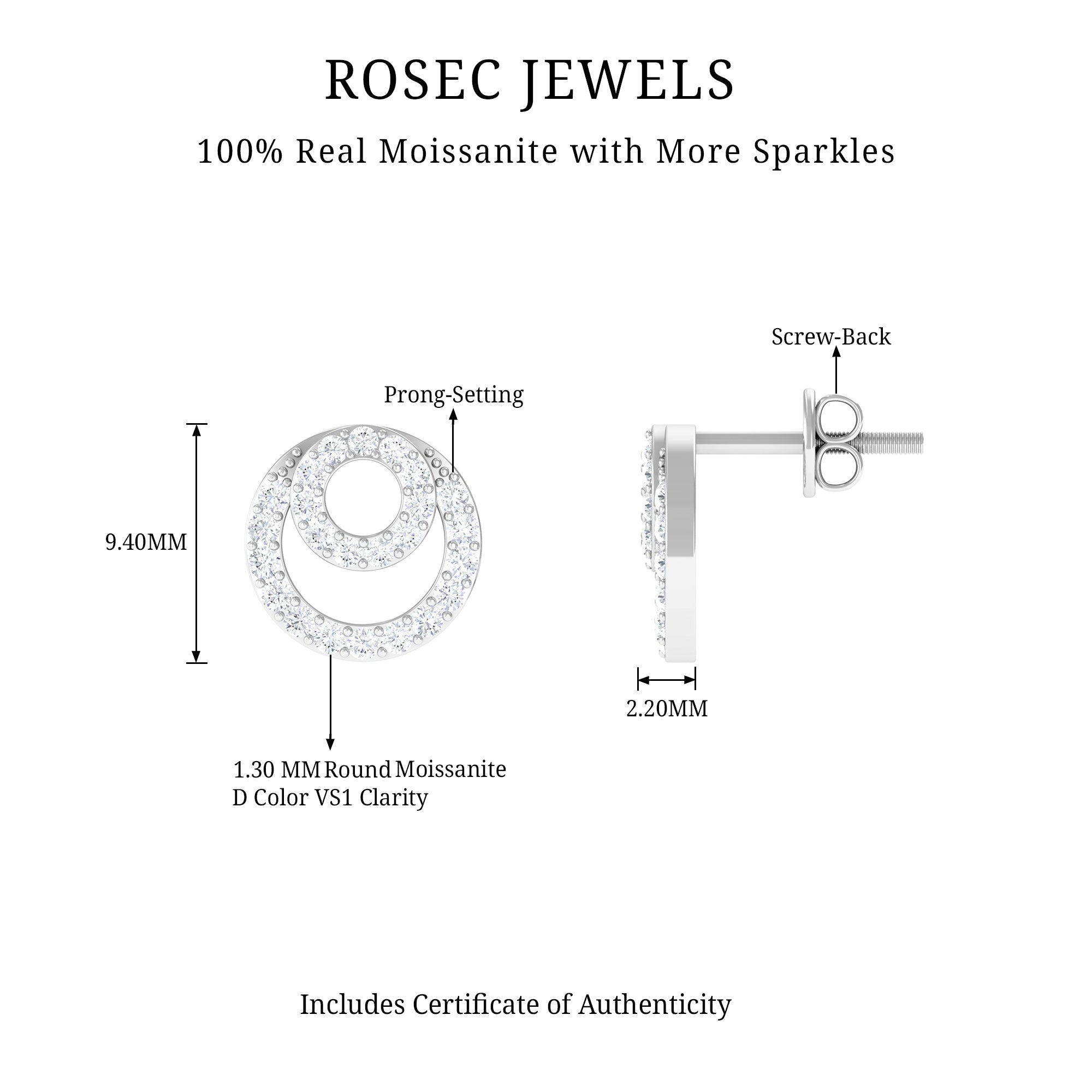 1/2 CT Round Moissanite Double Circle Stud Earrings Moissanite - ( D-VS1 ) - Color and Clarity - Rosec Jewels