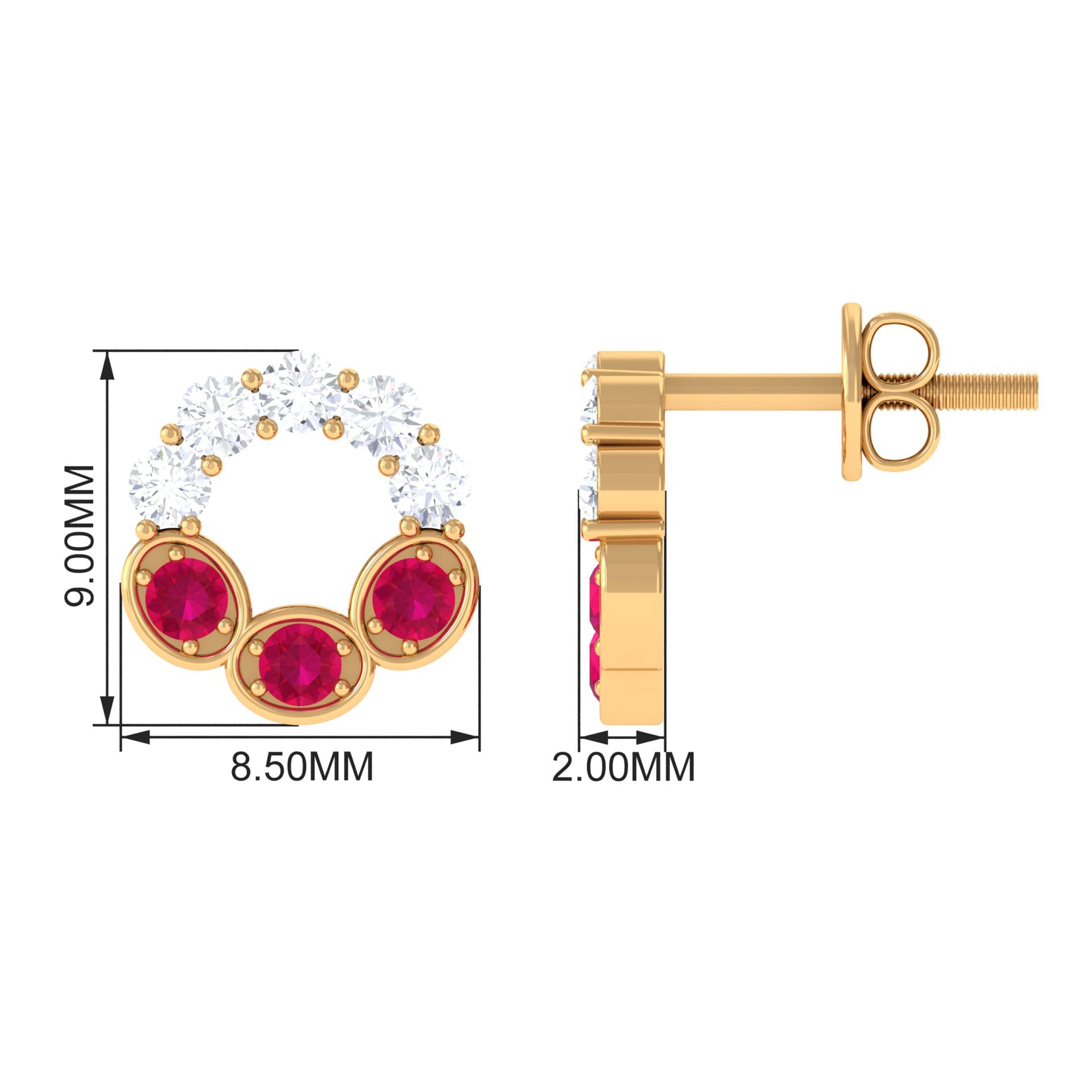 Three Stone Ruby Eternity Stud Earrings with Diamond Ruby - ( AAA ) - Quality - Rosec Jewels