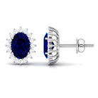 Oval Cut Created Blue Sapphire Halo Stud Earrings with Diamond Lab Created Blue Sapphire - ( AAAA ) - Quality - Rosec Jewels