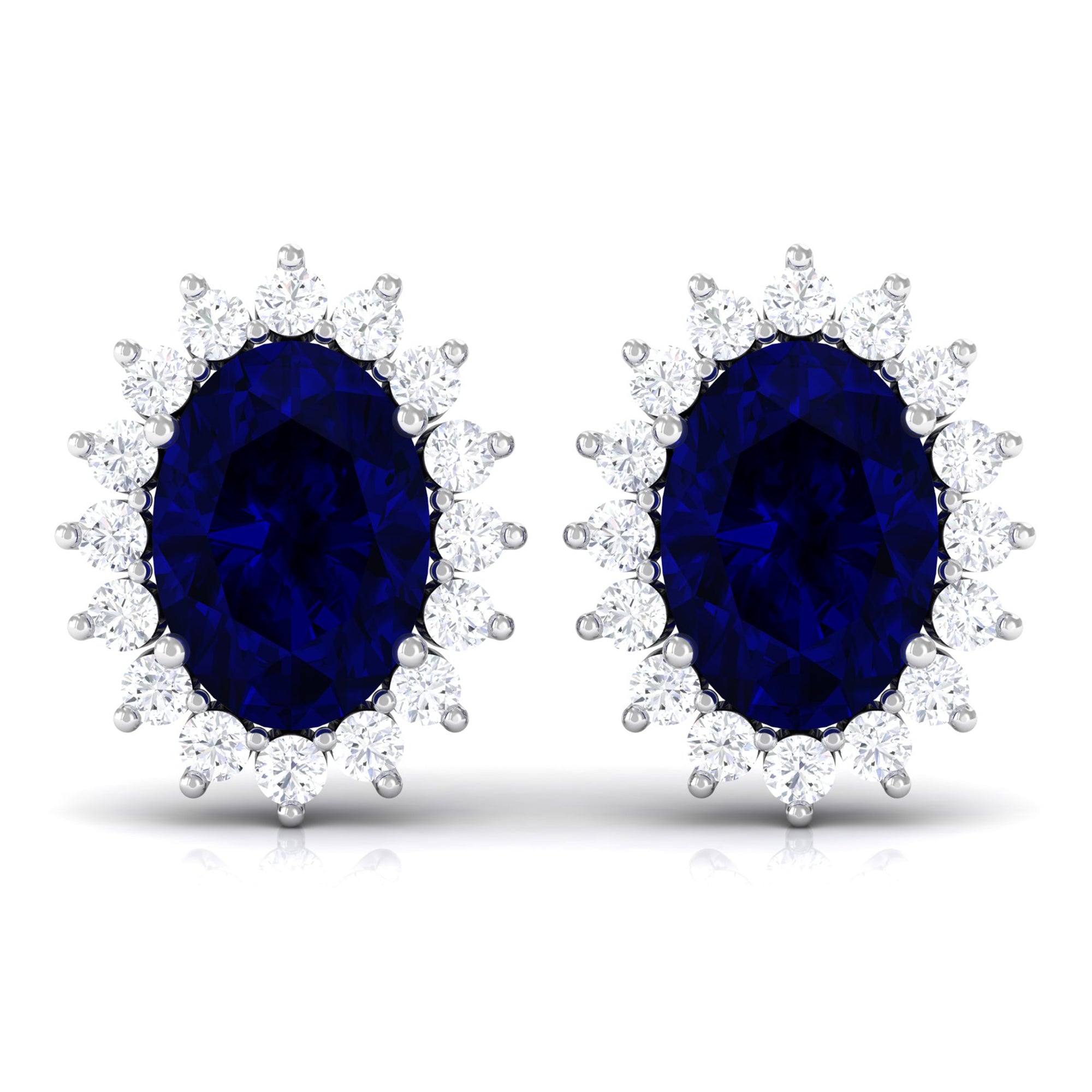 Oval Cut Created Blue Sapphire Halo Stud Earrings with Diamond Lab Created Blue Sapphire - ( AAAA ) - Quality - Rosec Jewels