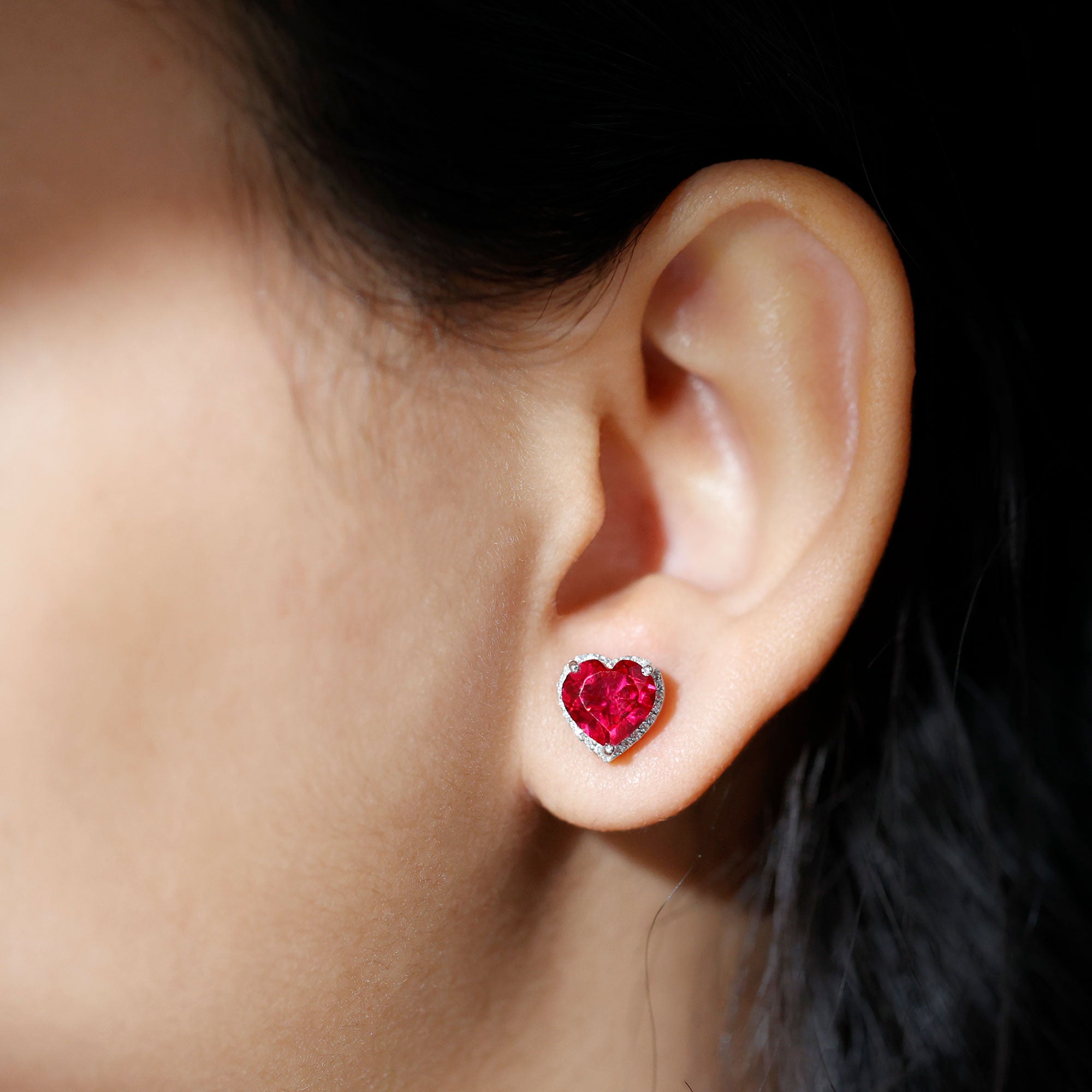 Created Ruby Heart Stud Earrings With Moissanite Lab Created Ruby - ( AAAA ) - Quality 92.5 Sterling Silver - Rosec Jewels