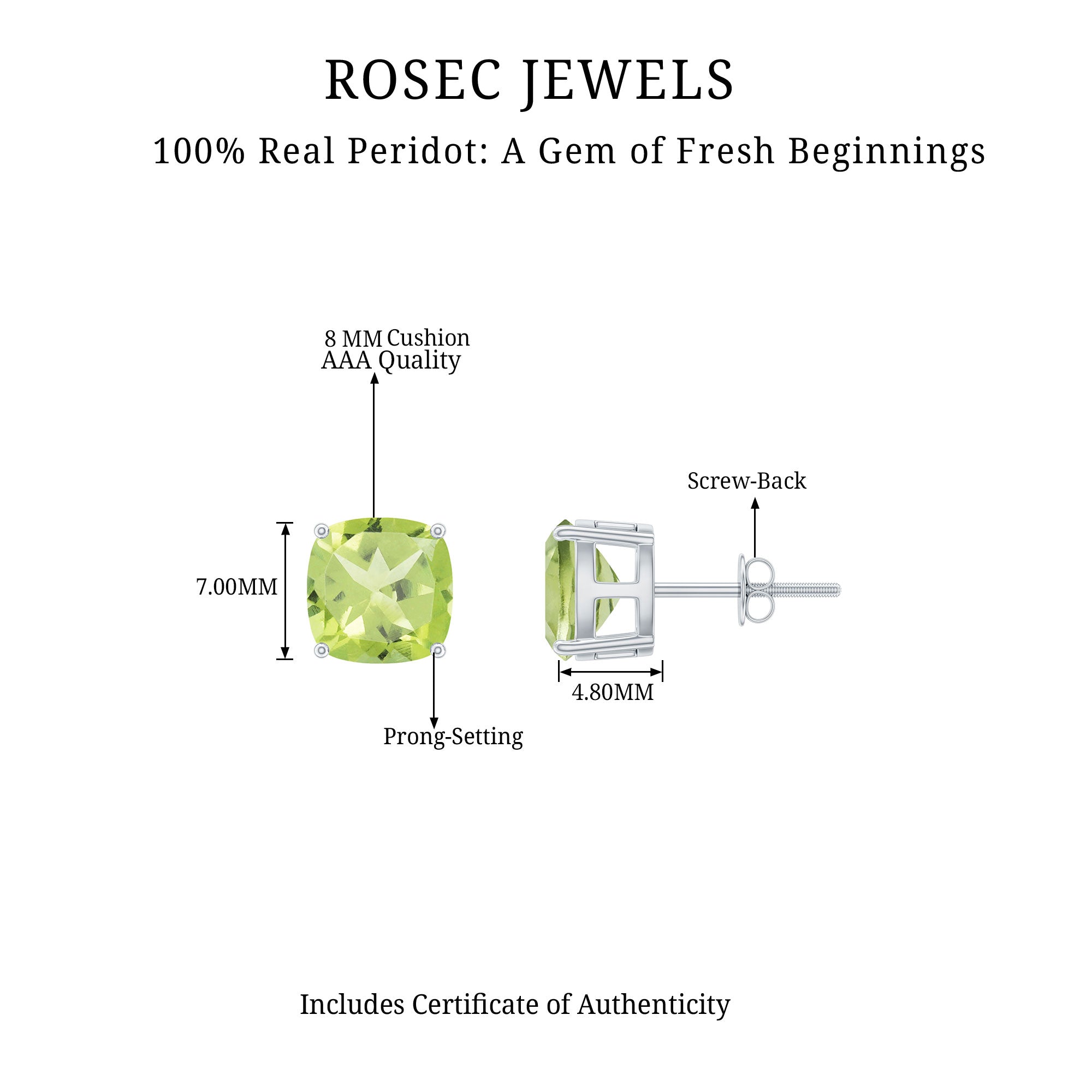 4.25 CT Cushion Cut Peridot Solitaire Stud Earrings in Silver Peridot - ( AAA ) - Quality 92.5 Sterling Silver - Rosec Jewels