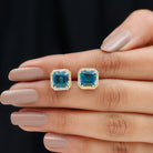 Asscher Cut London Blue Topaz and Diamond Halo Stud Earring London Blue Topaz - ( AAA ) - Quality - Rosec Jewels