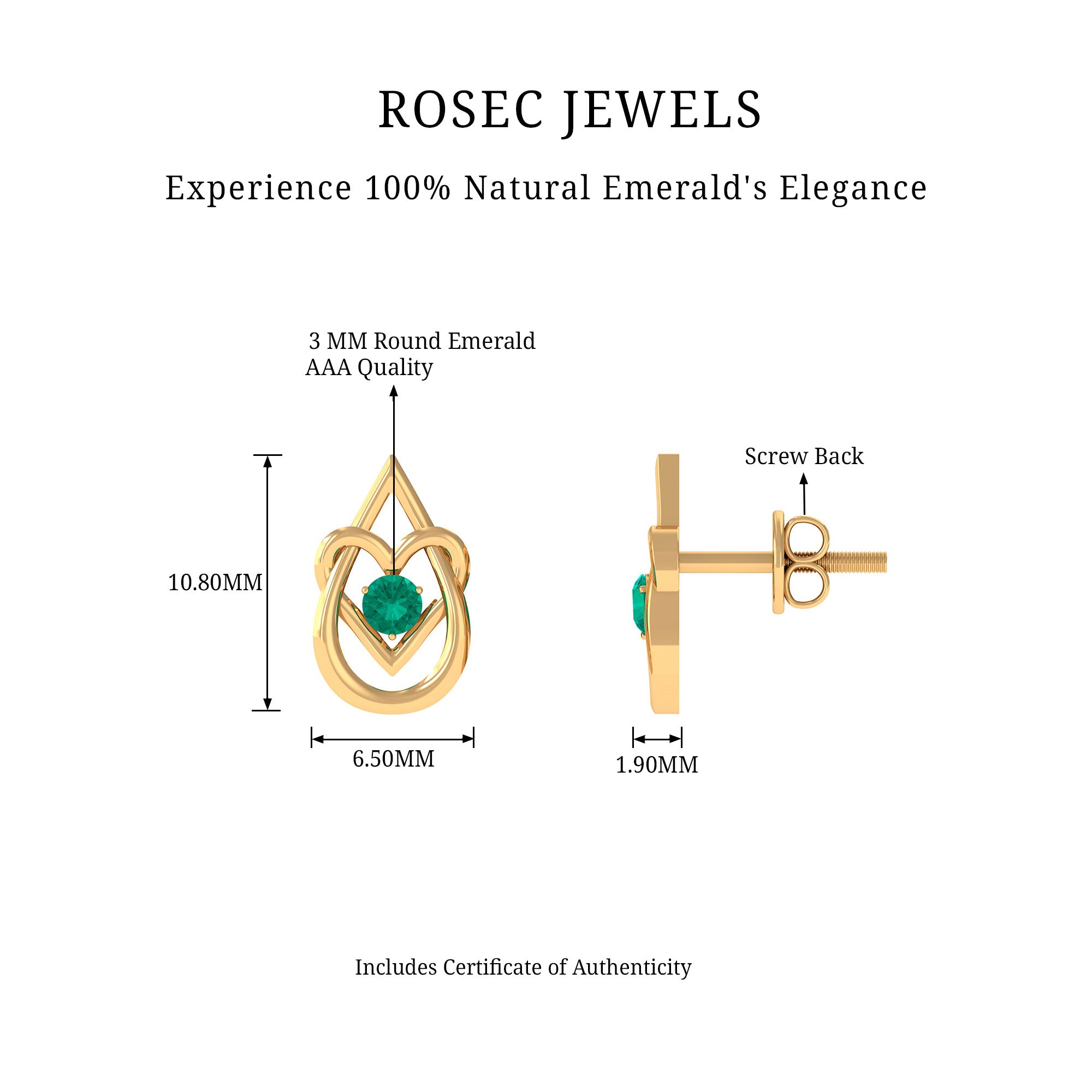 Emerald and Gold Teardrop Heart Stud Earrings Emerald - ( AAA ) - Quality - Rosec Jewels