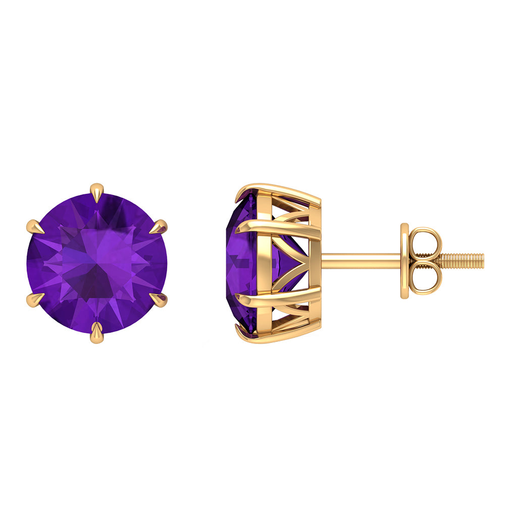 Solitaire Stud Earrings with Round Shaped Amethyst Amethyst - ( AAA ) - Quality - Rosec Jewels