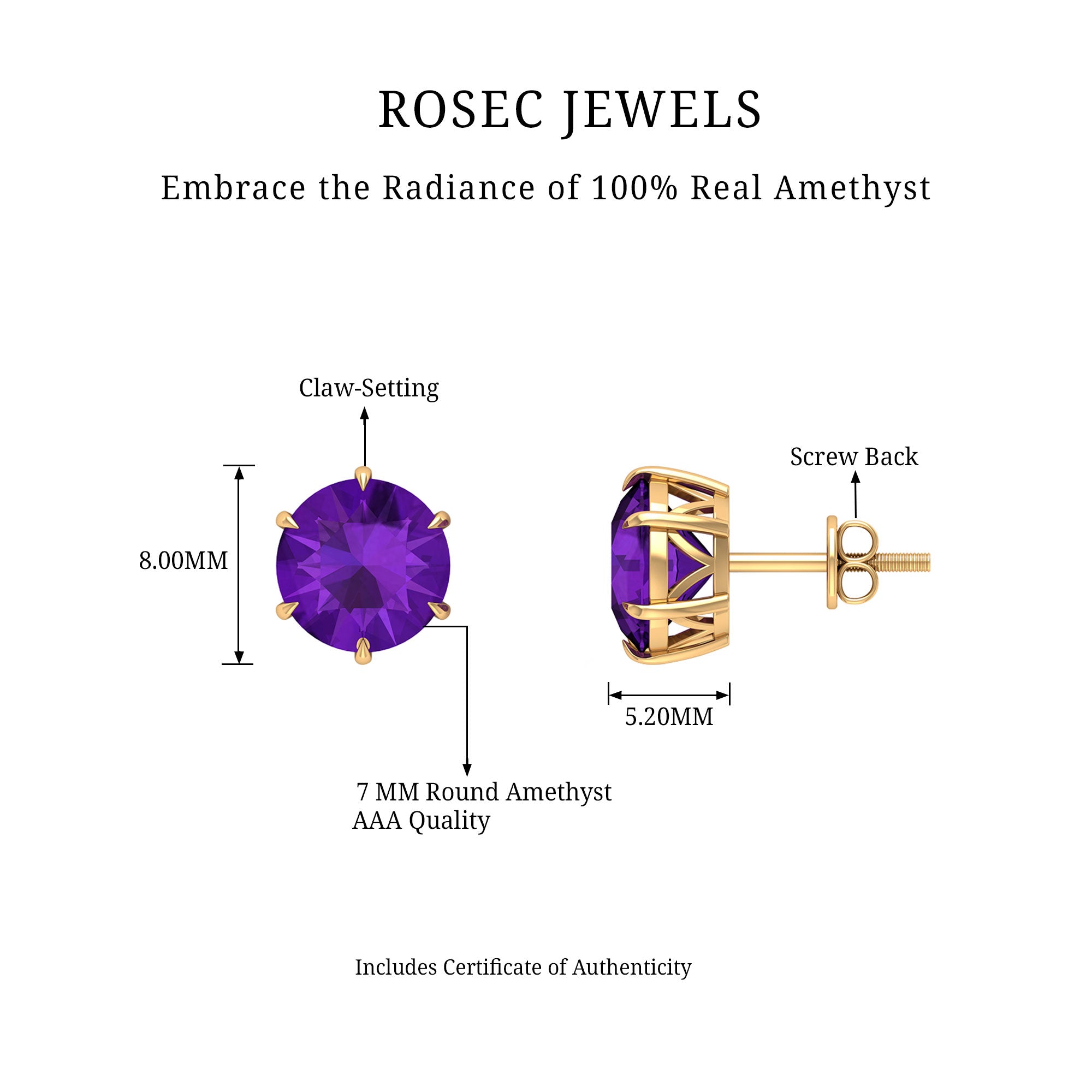 Solitaire Stud Earrings with Round Shaped Amethyst Amethyst - ( AAA ) - Quality - Rosec Jewels