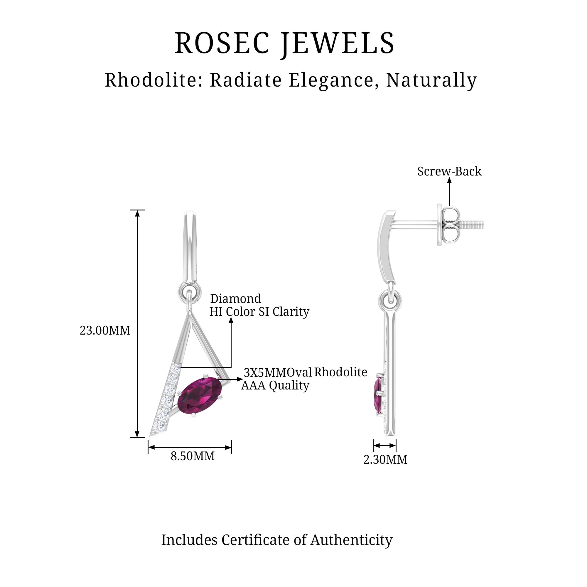 0.75 CT Rhodolite and Diamond Geometric Dangle Earrings Rhodolite - ( AAA ) - Quality - Rosec Jewels