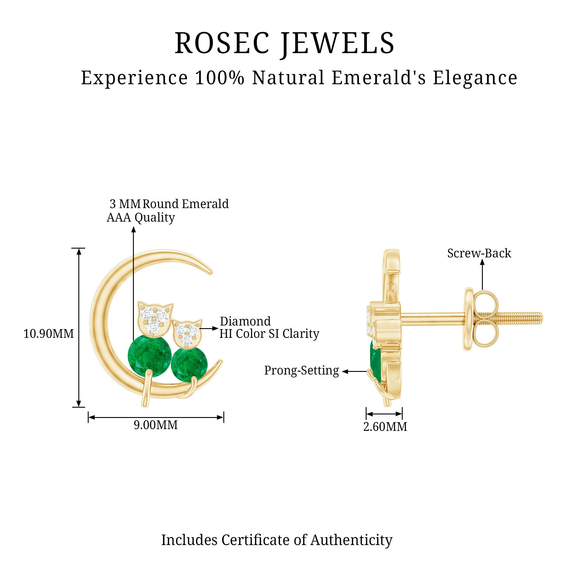 1/2 CT Emerald and Diamond Animal Stud Earrings with Screw Back Emerald - ( AAA ) - Quality - Rosec Jewels