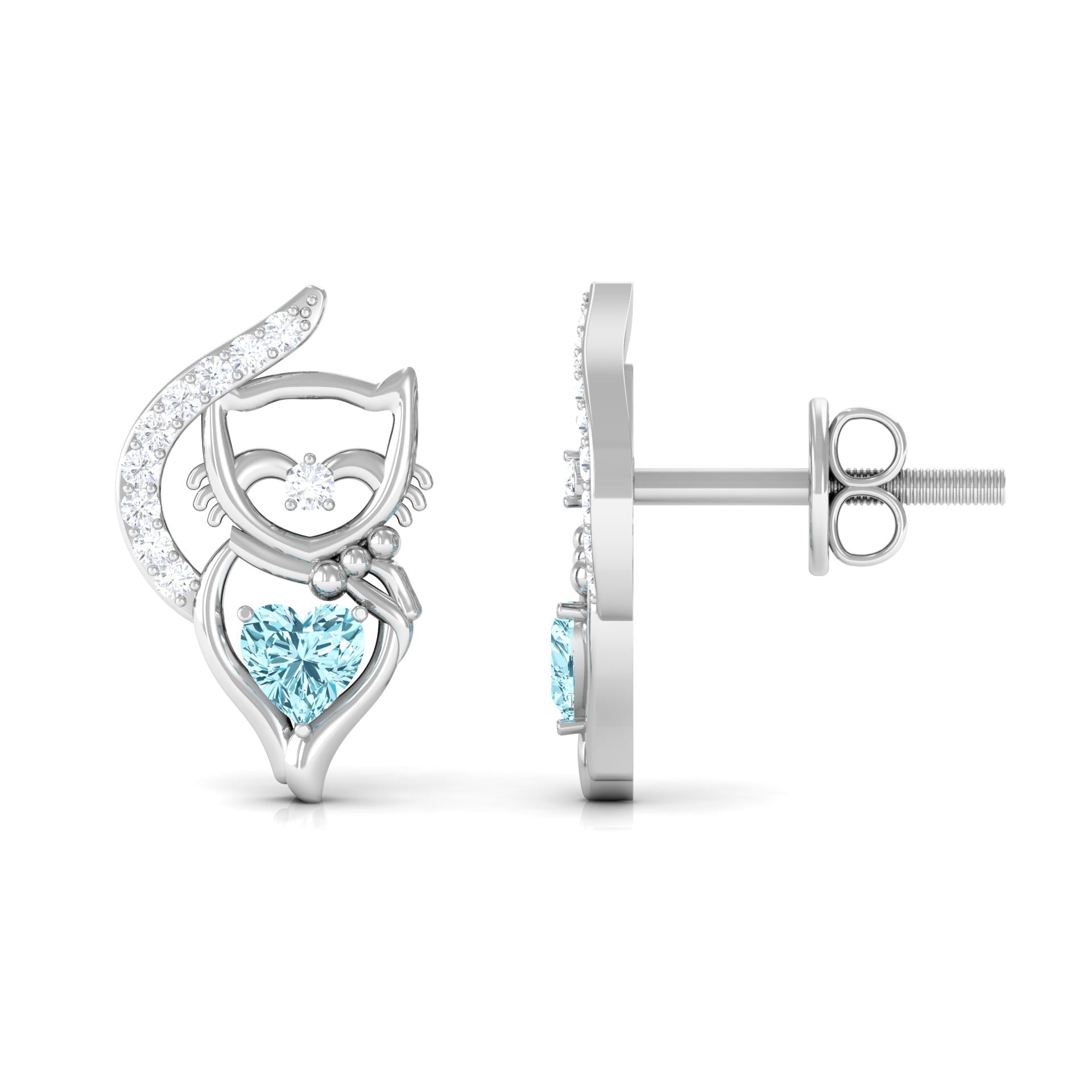 1/2 CT Heart Shape Aquamarine Cat Stud Earrings with Diamond Aquamarine - ( AAA ) - Quality - Rosec Jewels