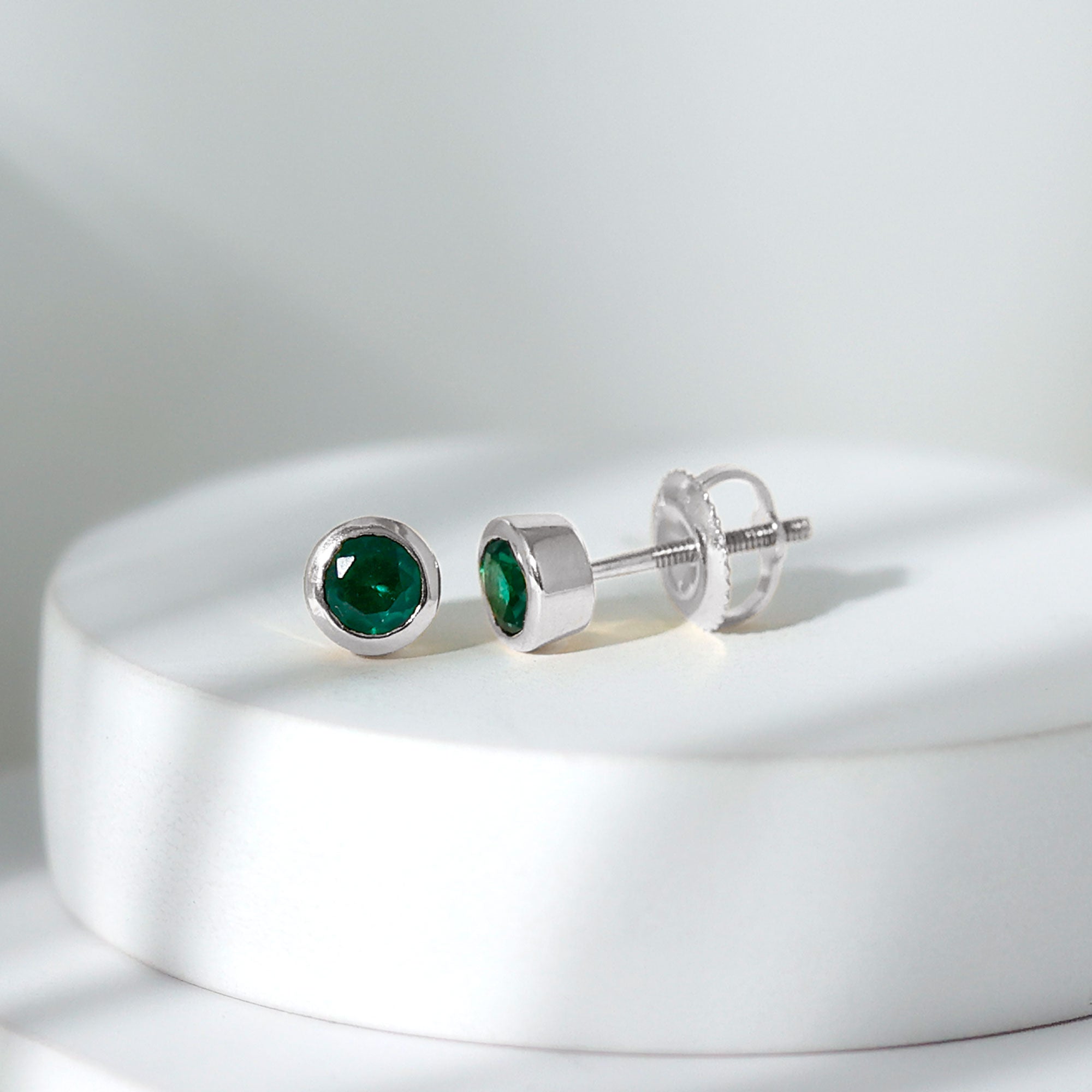 Round Shape Created Emerald Solitaire Stud Earrings in Bezel Setting Lab Created Emerald - ( AAAA ) - Quality - Rosec Jewels