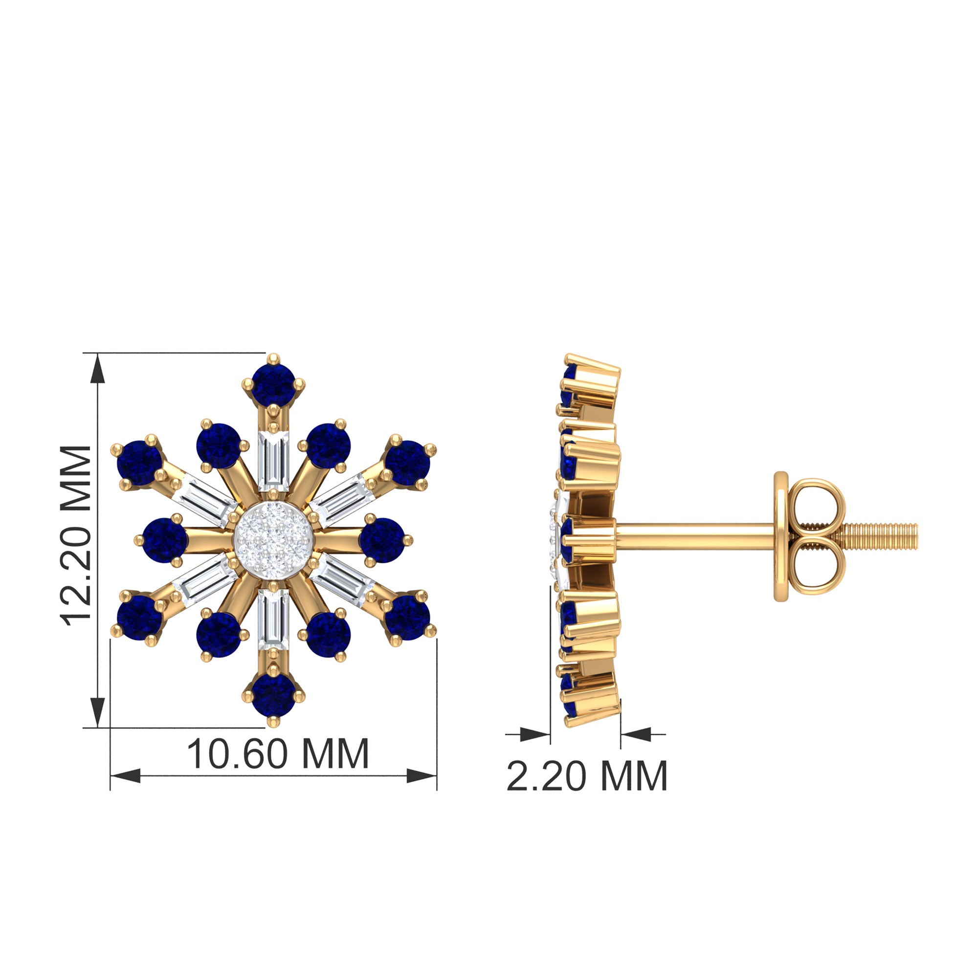 Lab Grown Blue Sapphire and Diamond Snowflake Stud Earrings Lab Created Blue Sapphire - ( AAAA ) - Quality - Rosec Jewels