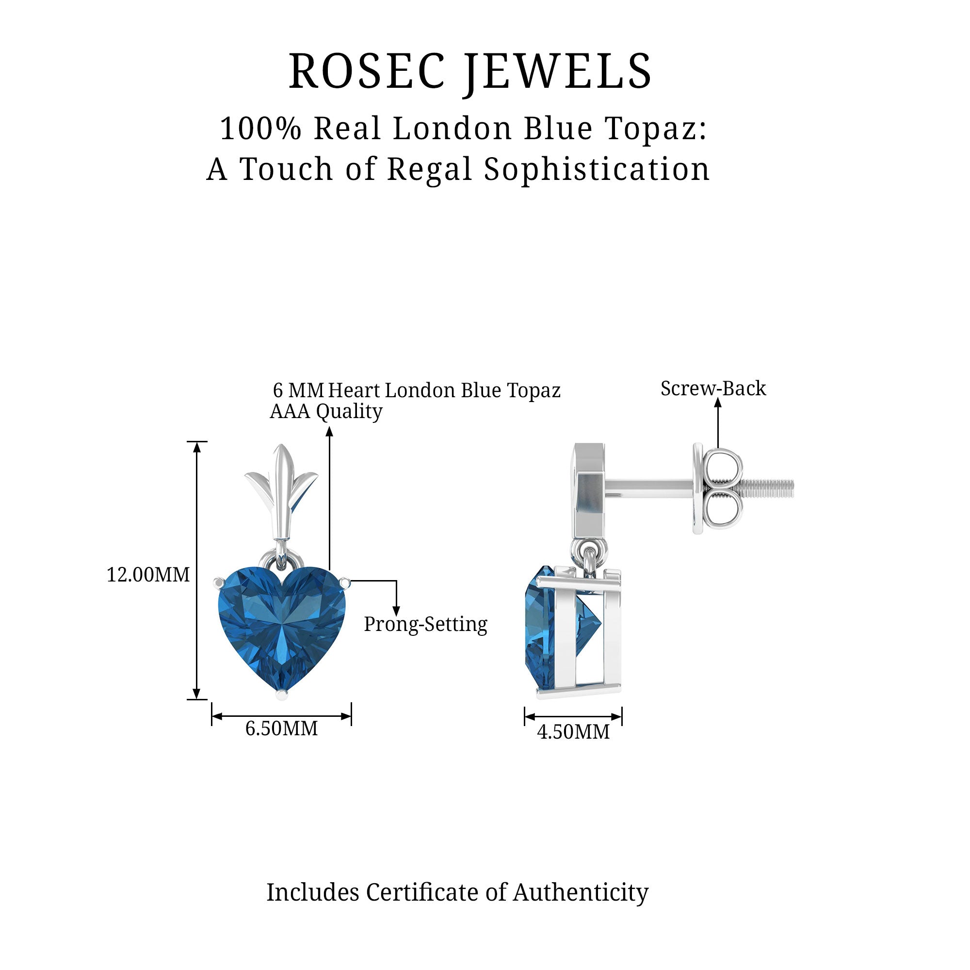 6 MM Heart Shape London Blue Topaz Drop Stud Earrings London Blue Topaz - ( AAA ) - Quality - Rosec Jewels