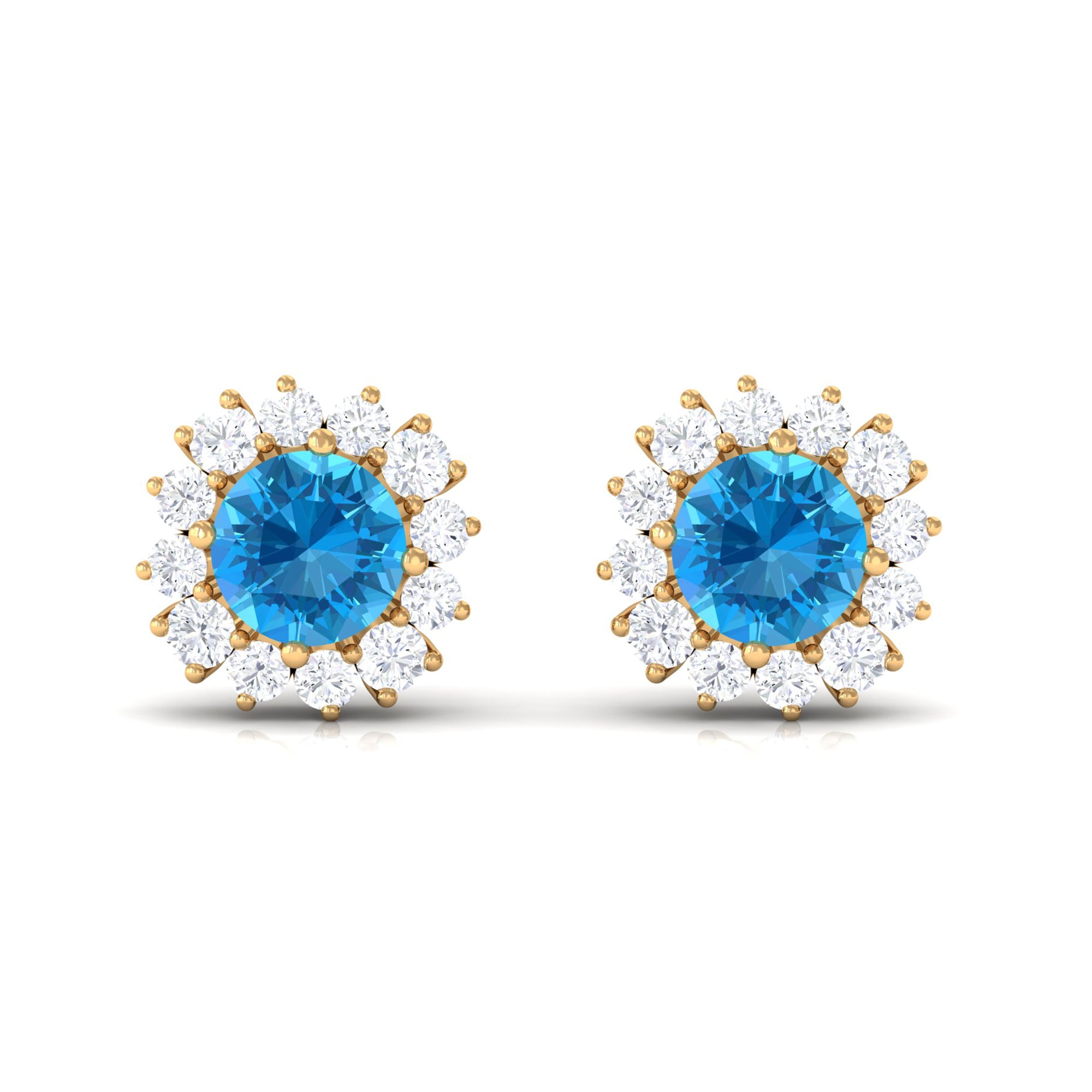 Round Swiss Blue Topaz Classic Stud Earring with Diamond Accent Swiss Blue Topaz - ( AAA ) - Quality - Rosec Jewels