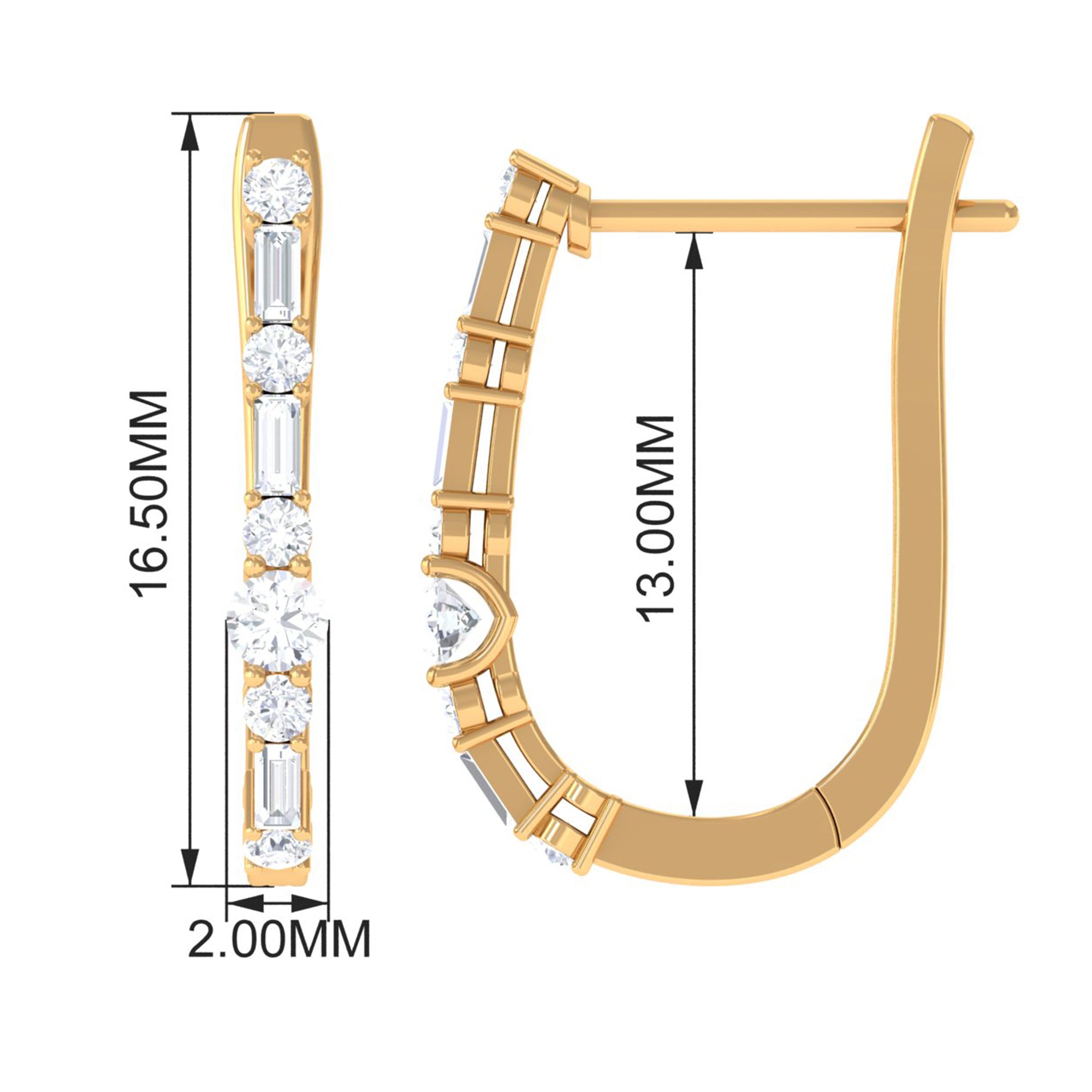 Baguette and Round Cut Diamond J Hoop Earrings Diamond - ( HI-SI ) - Color and Clarity - Rosec Jewels