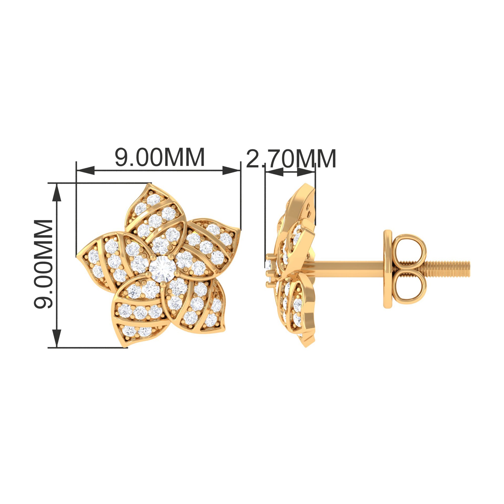 Real Diamond Statement Flower Stud Earrings in Gold Diamond - ( HI-SI ) - Color and Clarity - Rosec Jewels