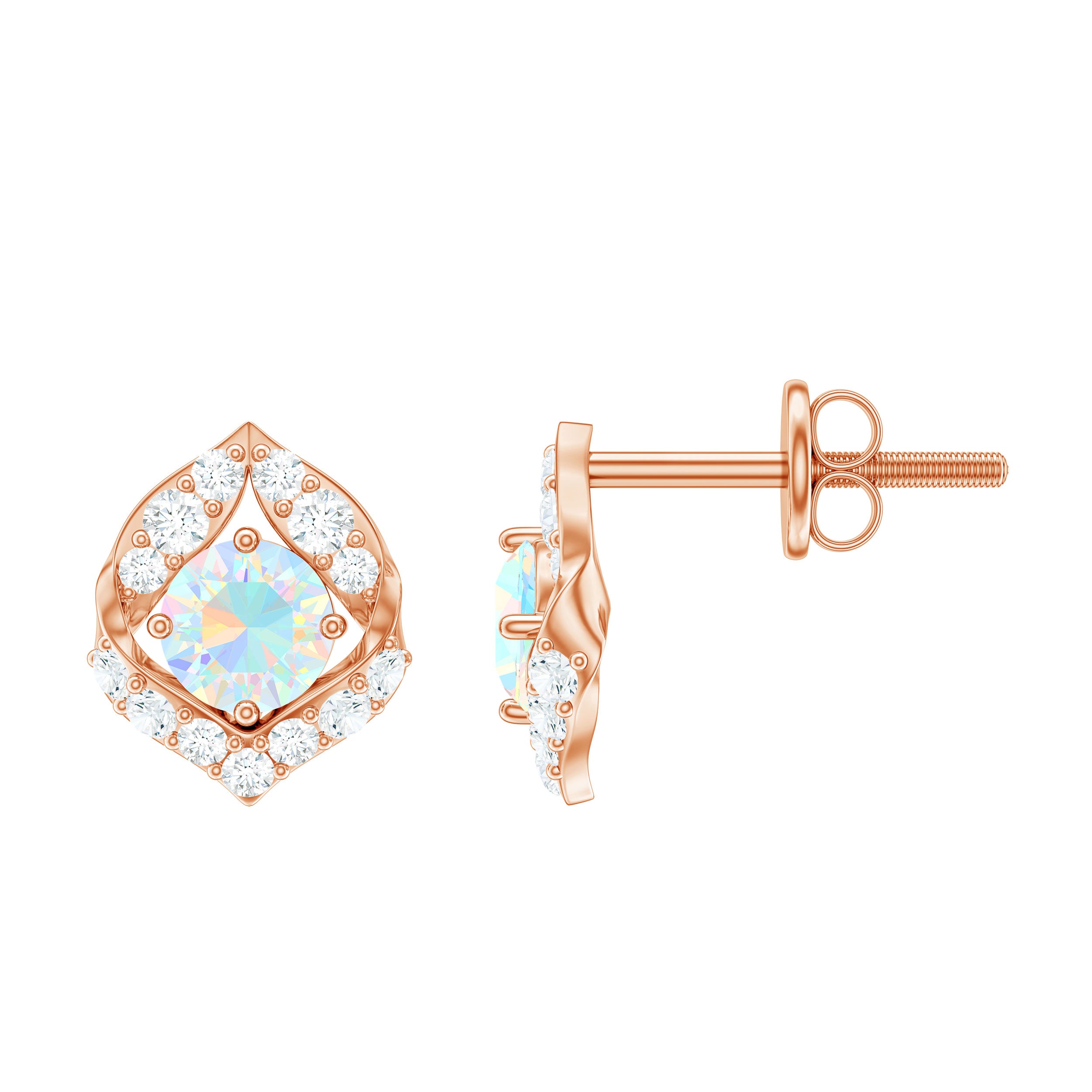 3/4 CT Ethiopian Opal Stud Earrings with Moissanite Accent Ethiopian Opal - ( AAA ) - Quality - Rosec Jewels