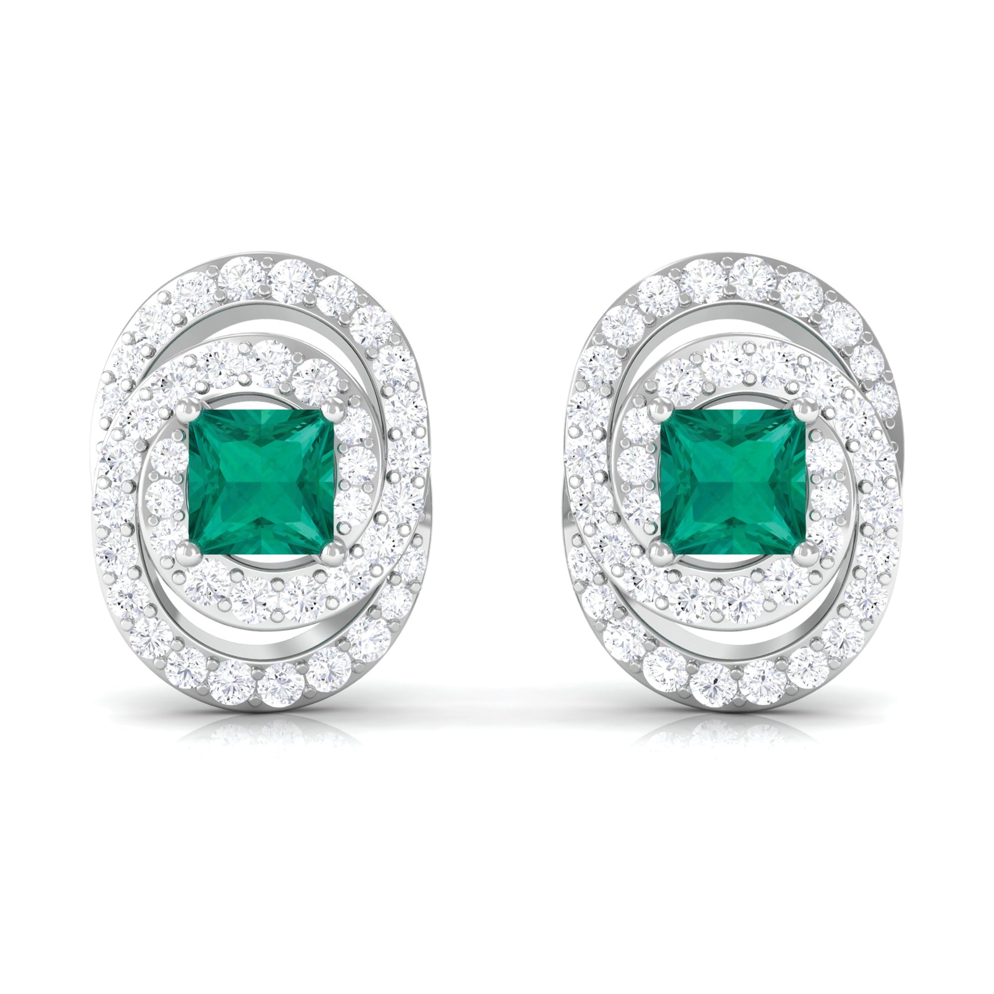 3/4 CT Princess Cut Emerald and Diamond Cocktail Stud Earrings Emerald - ( AAA ) - Quality - Rosec Jewels