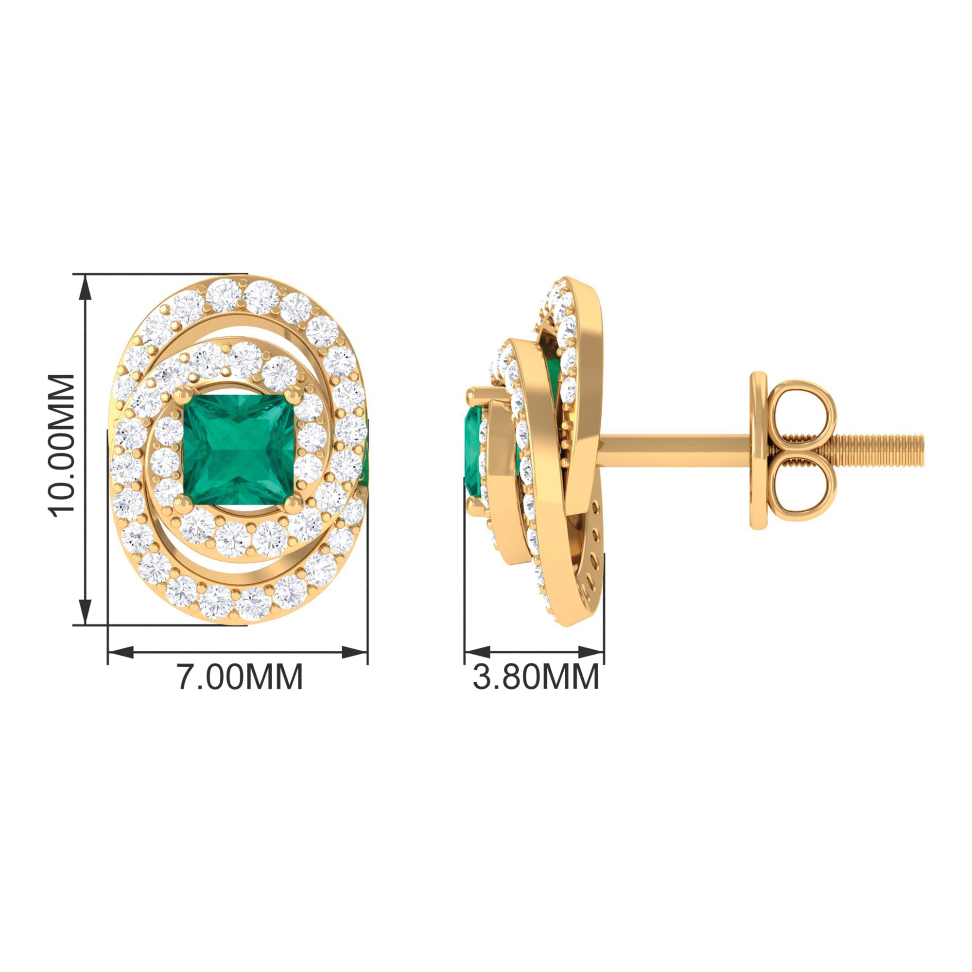 3/4 CT Princess Cut Emerald and Diamond Cocktail Stud Earrings Emerald - ( AAA ) - Quality - Rosec Jewels