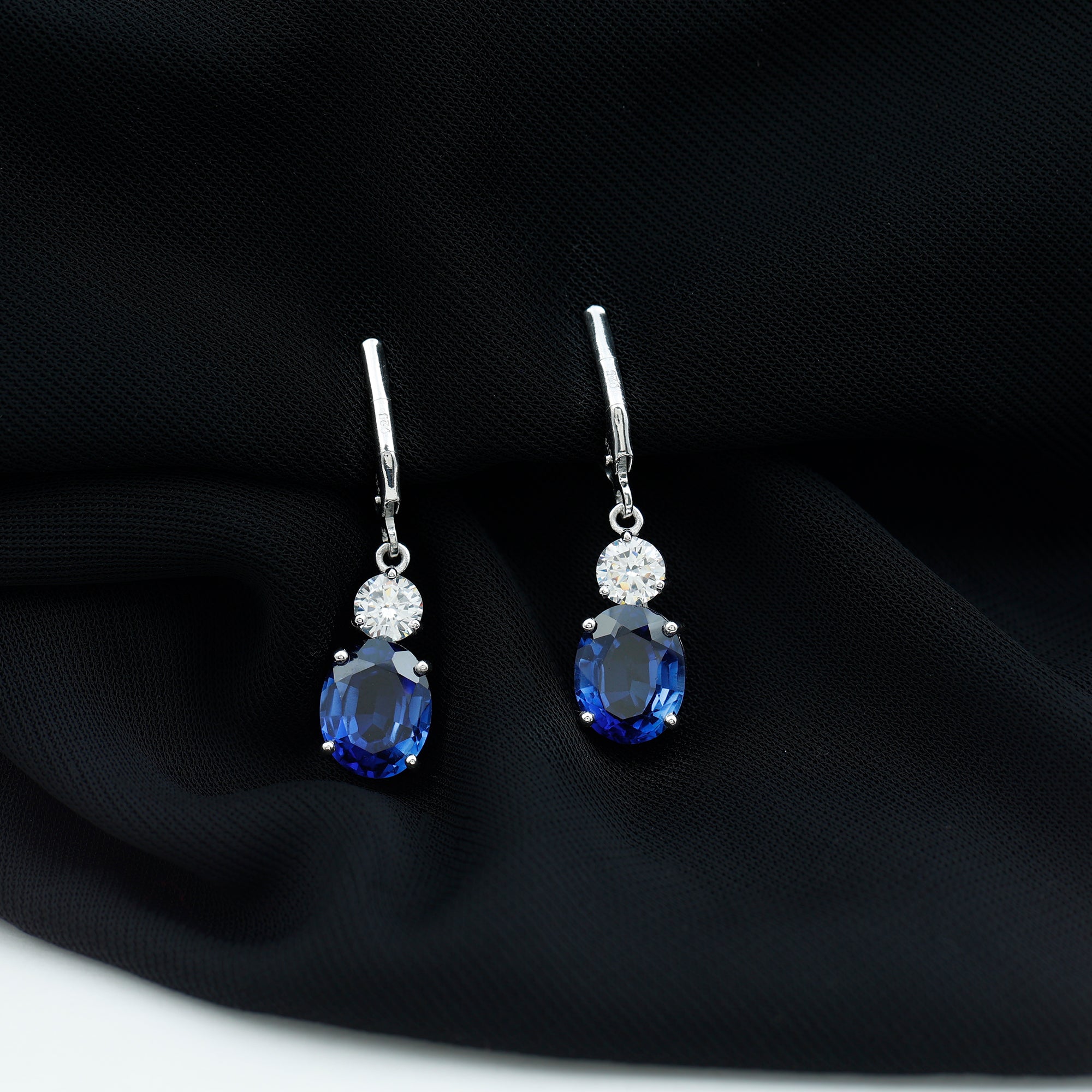 Created Blue Sapphire Dangle Drop Earrings Lab Created Blue Sapphire - ( AAAA ) - Quality 92.5 Sterling Silver - Rosec Jewels