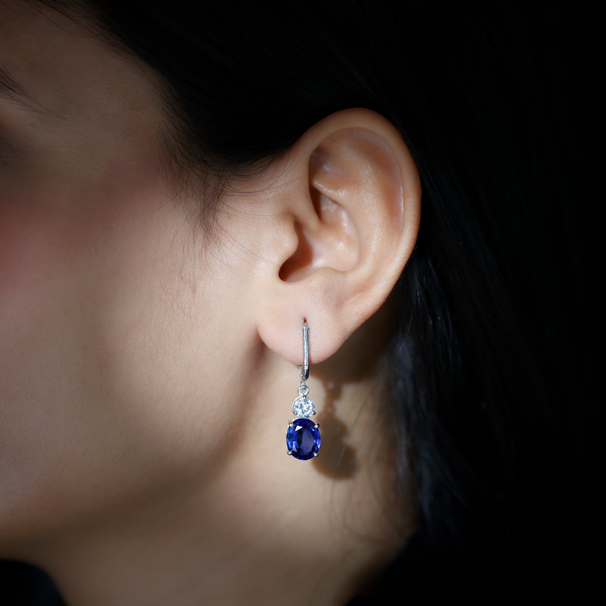 Created Blue Sapphire Dangle Drop Earrings Lab Created Blue Sapphire - ( AAAA ) - Quality 92.5 Sterling Silver - Rosec Jewels