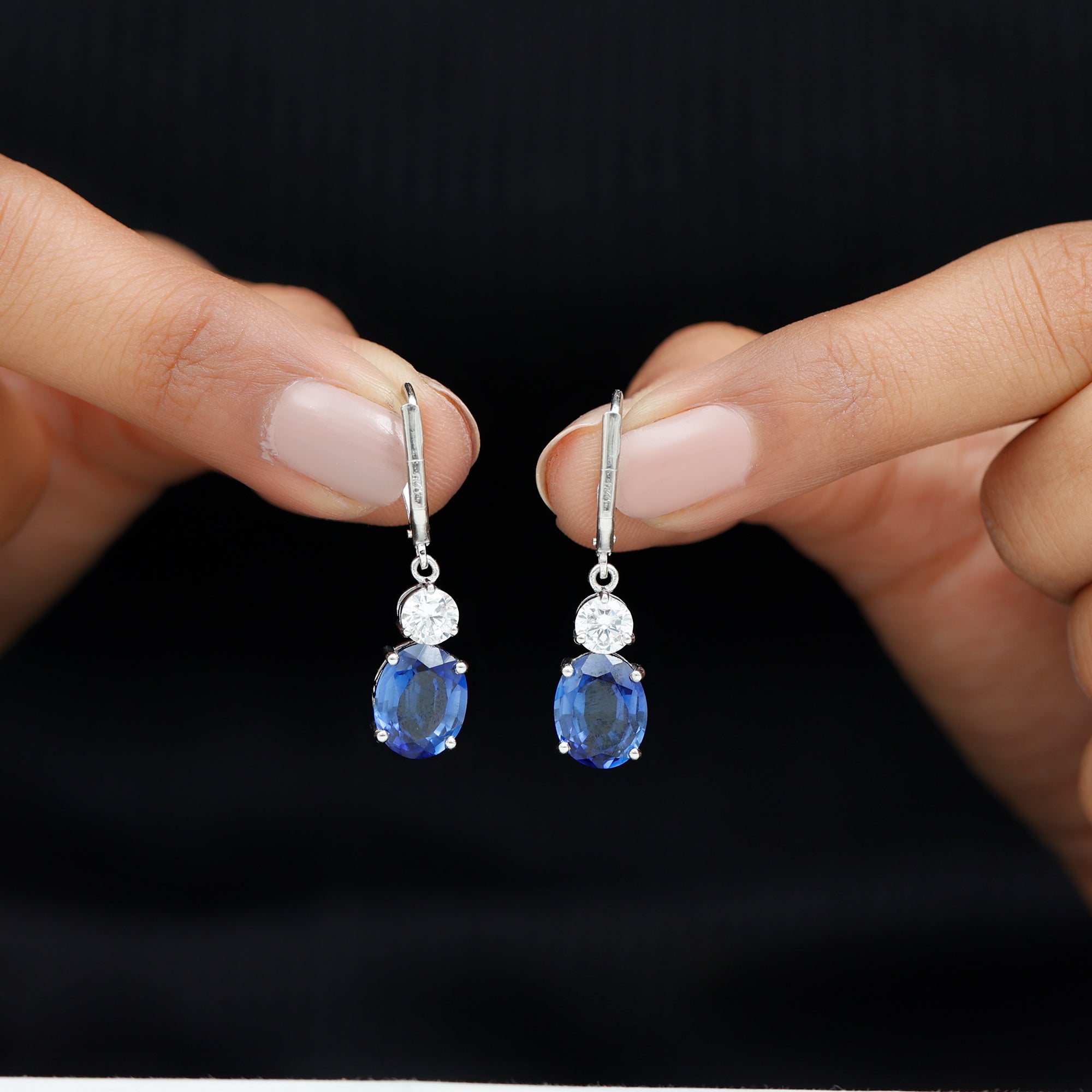 Created Blue Sapphire Dangle Drop Earrings Lab Created Blue Sapphire - ( AAAA ) - Quality 92.5 Sterling Silver - Rosec Jewels