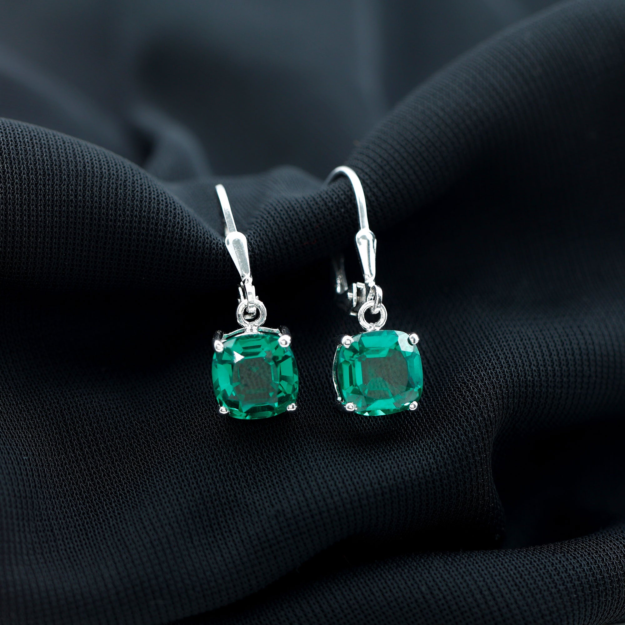 Cushion Cut Solitaire Created Emerald Drop Earrings in Silver Lab Created Emerald - ( AAAA ) - Quality 92.5 Sterling Silver - Rosec Jewels