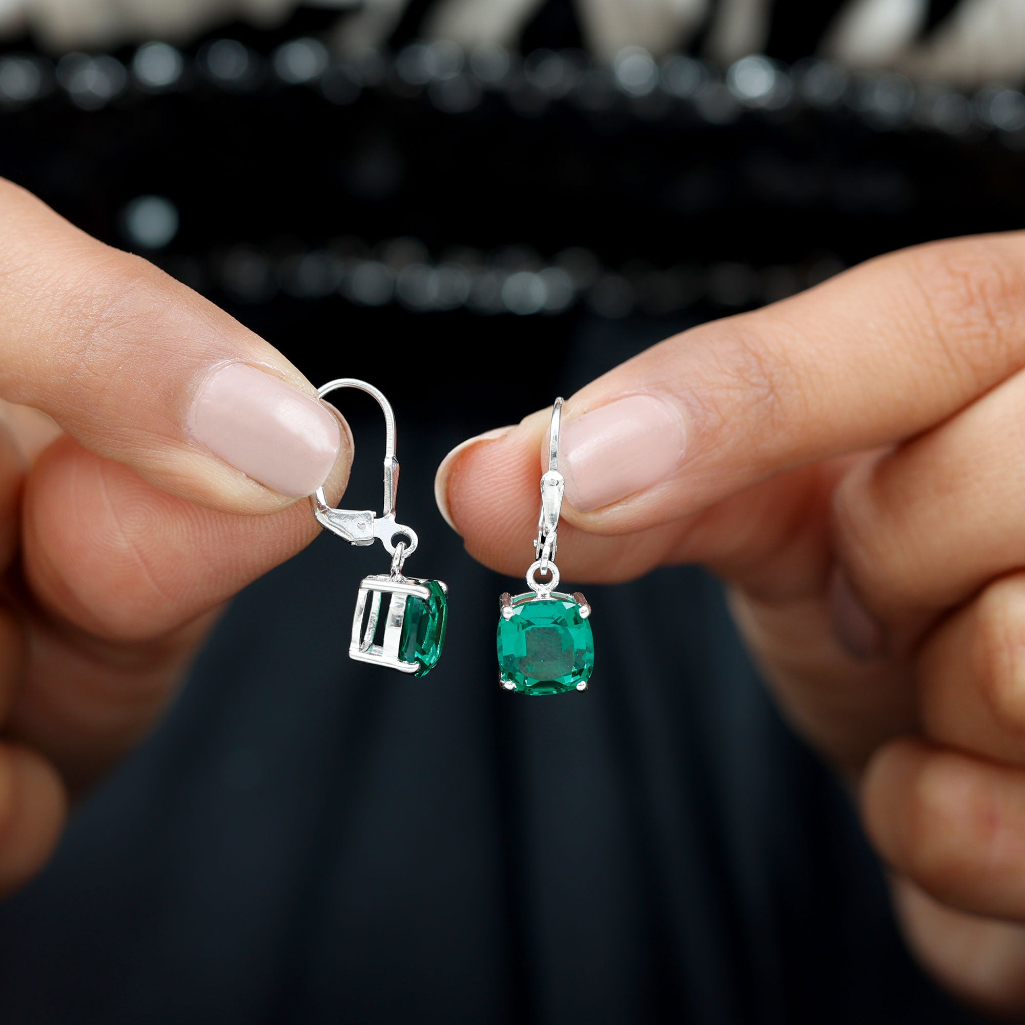 Cushion Cut Solitaire Created Emerald Drop Earrings in Silver Lab Created Emerald - ( AAAA ) - Quality 92.5 Sterling Silver - Rosec Jewels