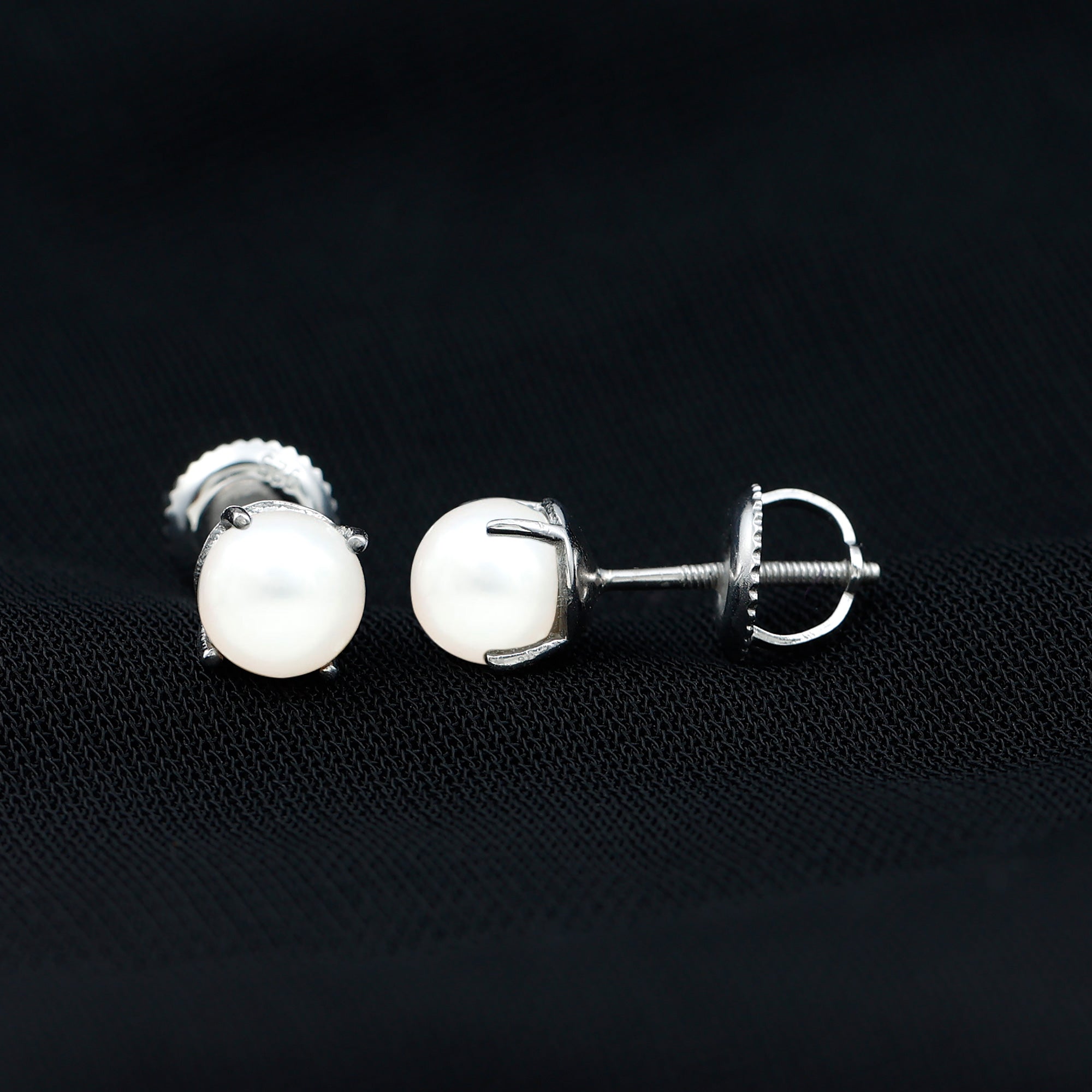 6 MM Round Freshwater Pearl Solitaire Stud Earrings in Silver Freshwater Pearl - ( AAA ) - Quality 92.5 Sterling Silver - Rosec Jewels