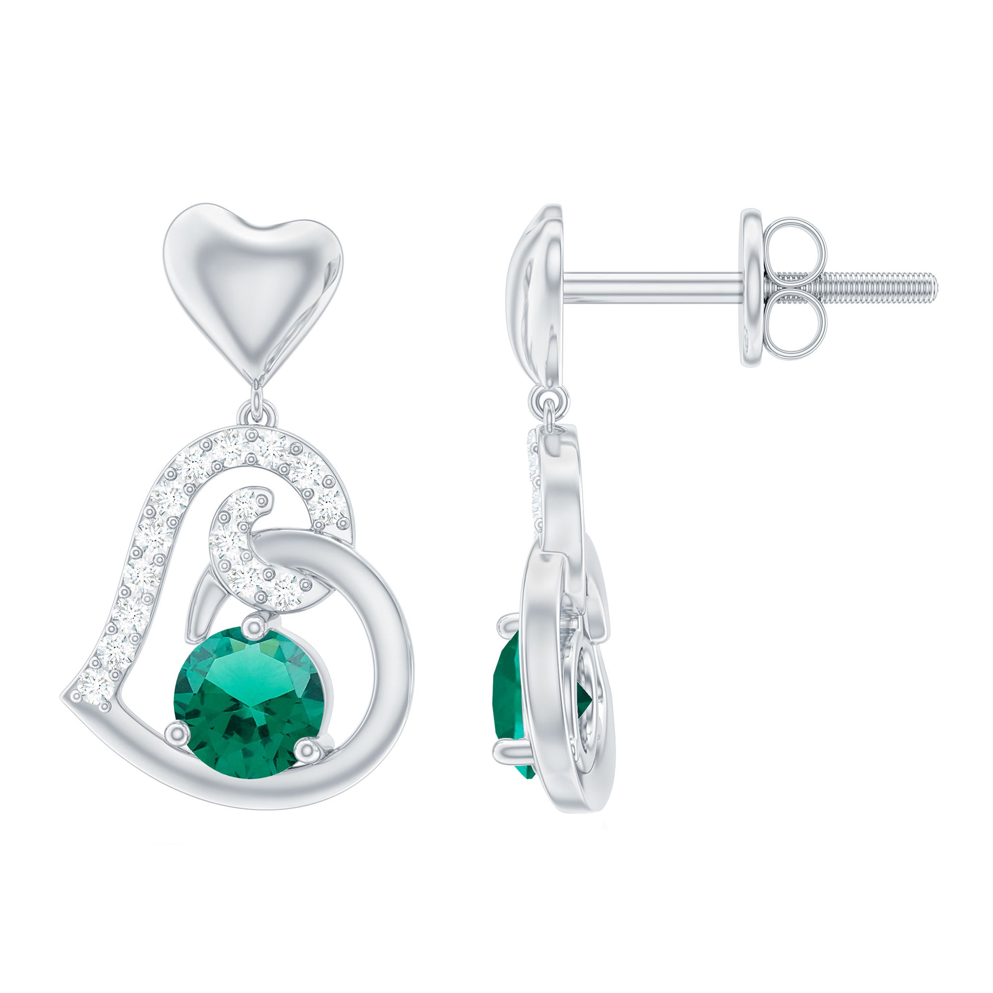 Created Emerald Heart Drop Earrings with Diamond Accent Lab Created Emerald - ( AAAA ) - Quality - Rosec Jewels