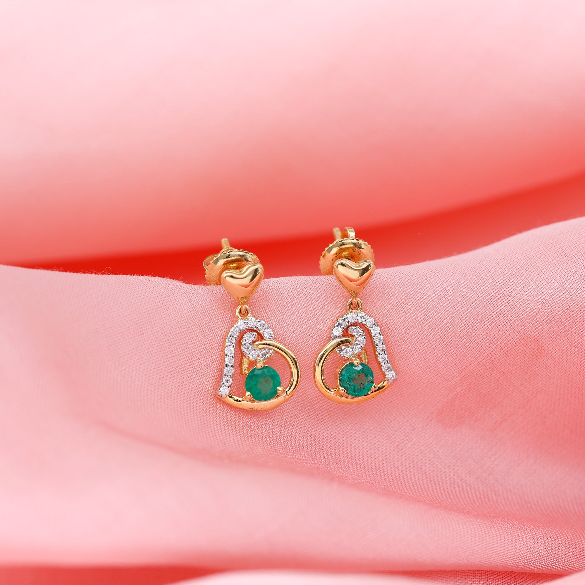 Round Emerald and Diamond Heart Drop Earrings Emerald - ( AAA ) - Quality - Rosec Jewels