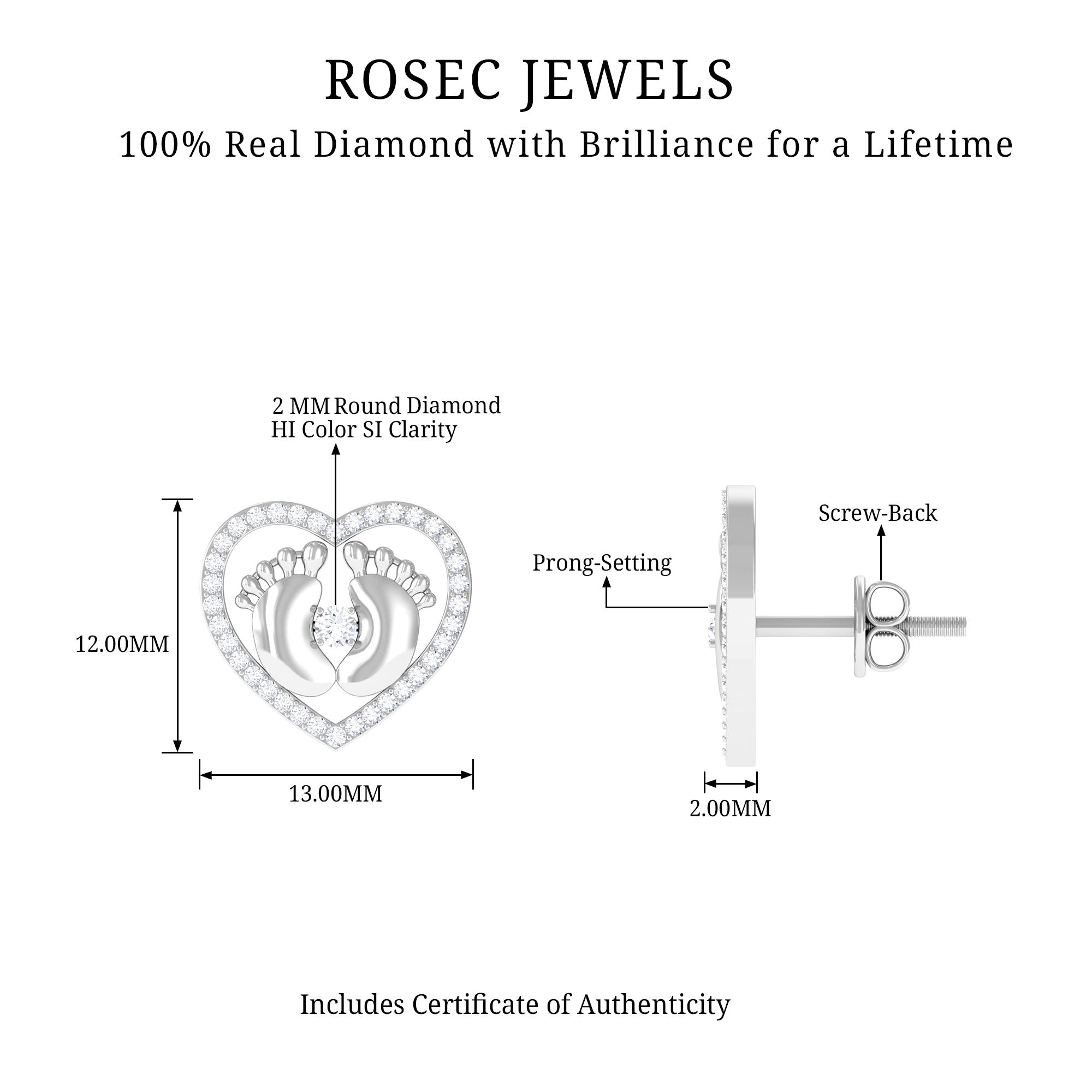 Diamond Heart Stud Earrings with Gold Baby Feet Diamond - ( HI-SI ) - Color and Clarity - Rosec Jewels