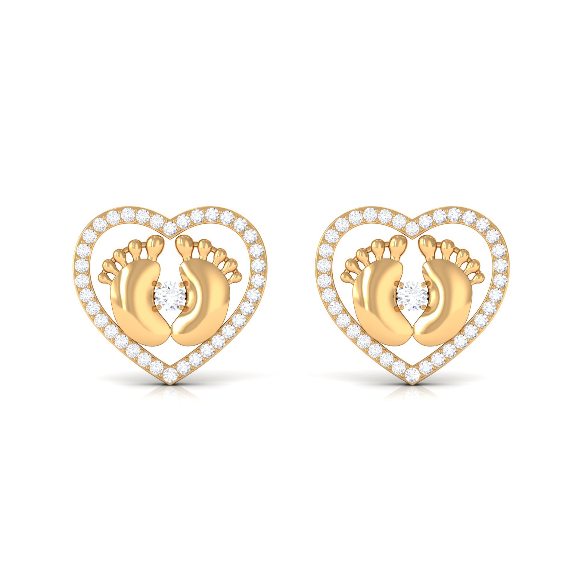 Diamond Heart Stud Earrings with Gold Baby Feet Diamond - ( HI-SI ) - Color and Clarity - Rosec Jewels