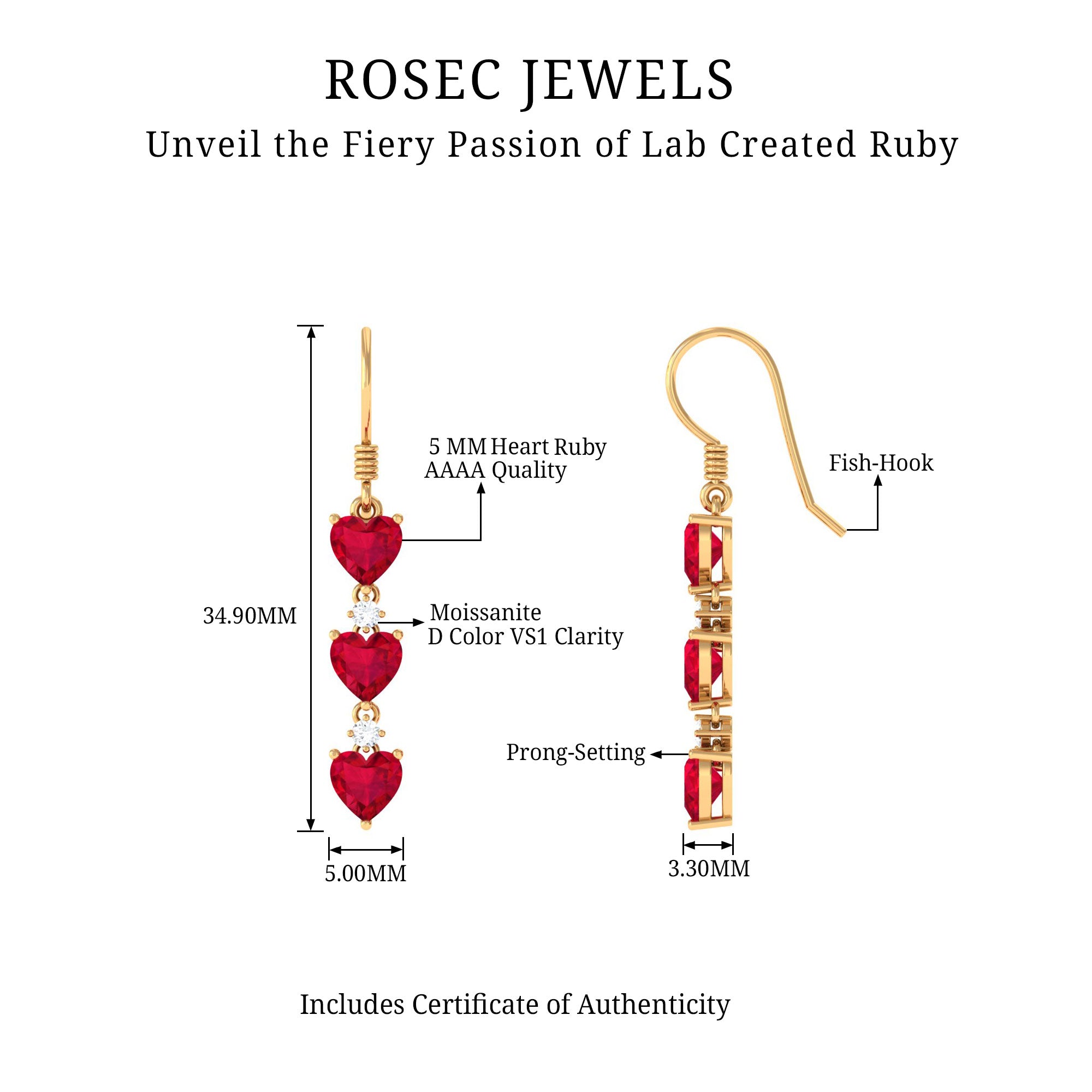 3 Heart Lab Grown Ruby Dangle Earrings with Moissanite Lab Created Ruby - ( AAAA ) - Quality - Rosec Jewels