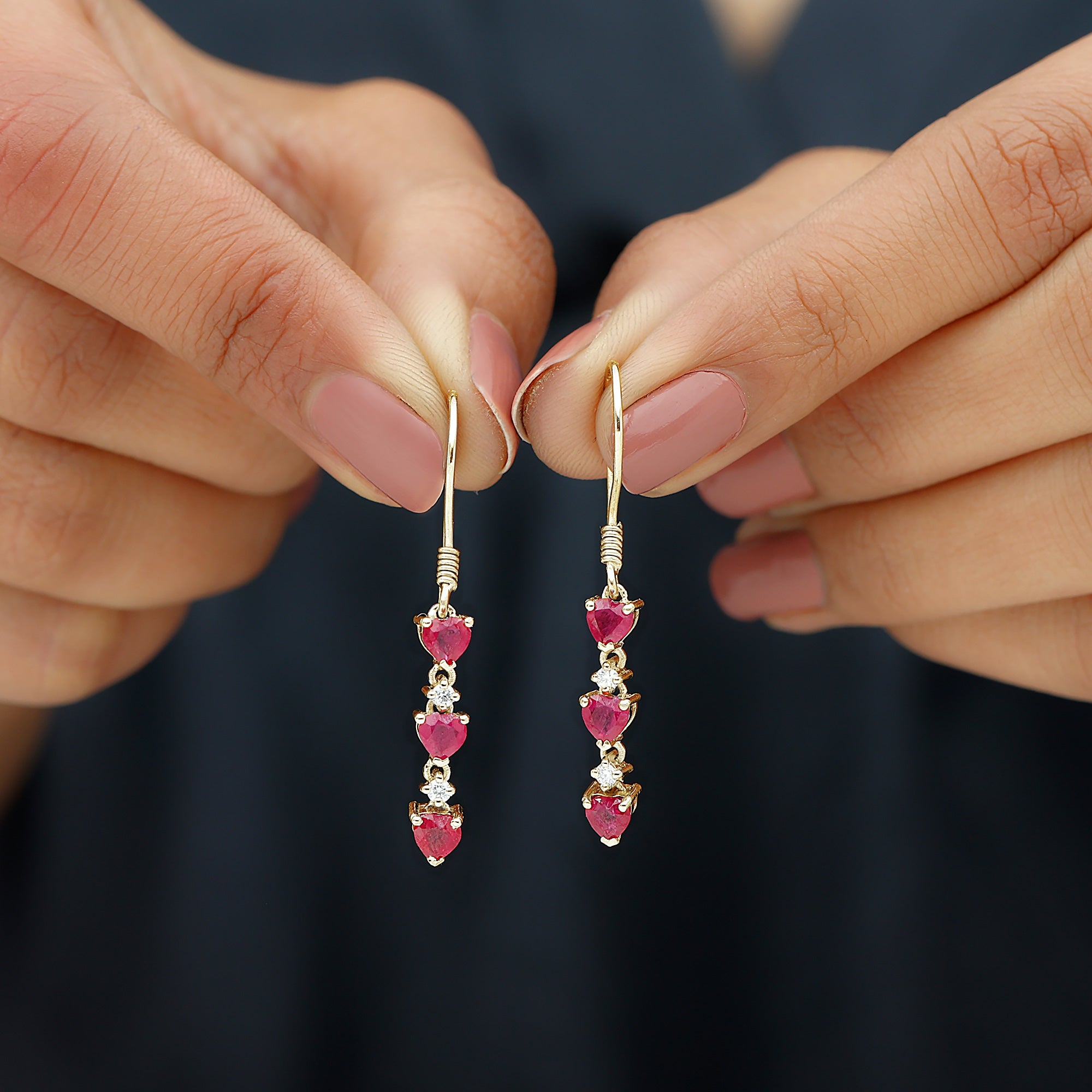 3 Heart Lab Grown Ruby Dangle Earrings with Moissanite Lab Created Ruby - ( AAAA ) - Quality - Rosec Jewels