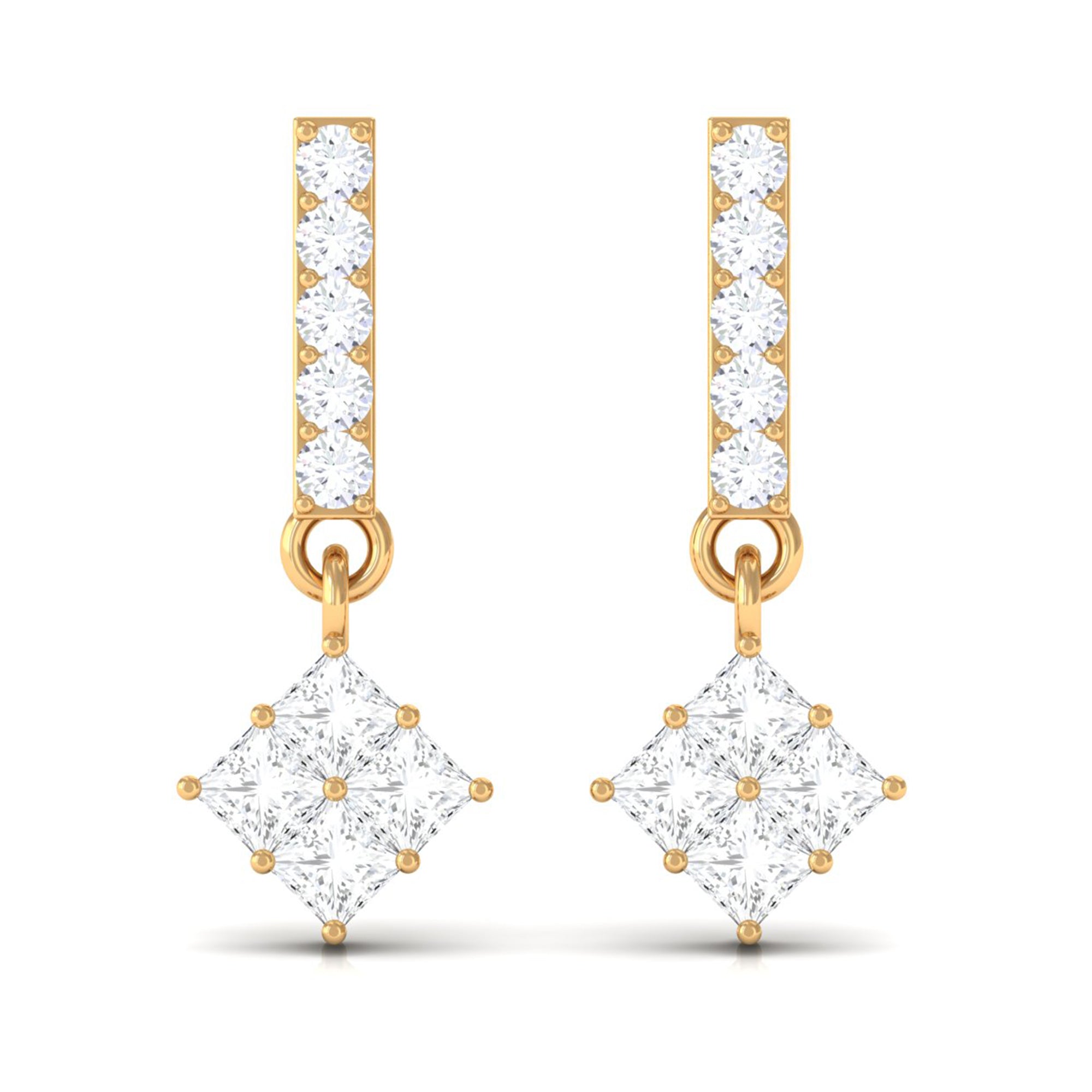 Princess and Round Cut Diamond Contemporary Dangle Earrings Diamond - ( HI-SI ) - Color and Clarity - Rosec Jewels