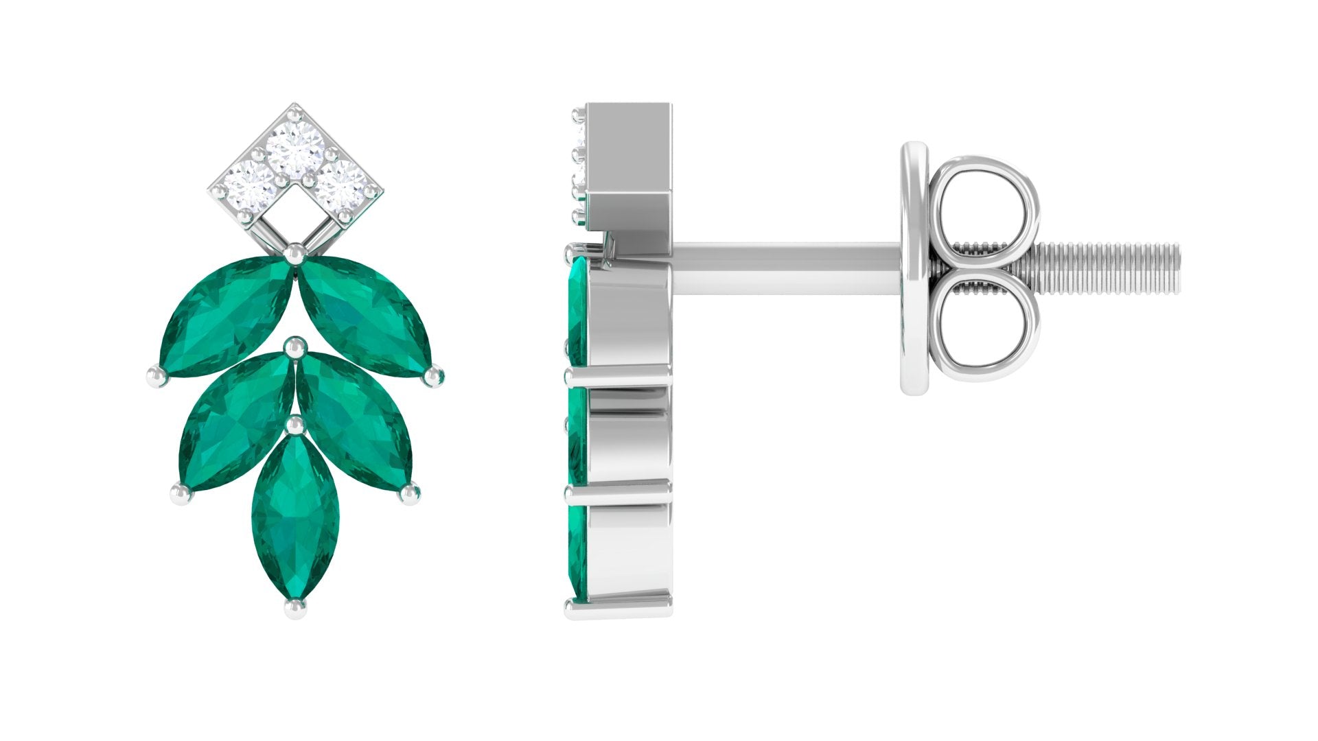 Real Emerald Leaf Stud Earrings with Moissanite Emerald - ( AAA ) - Quality - Rosec Jewels