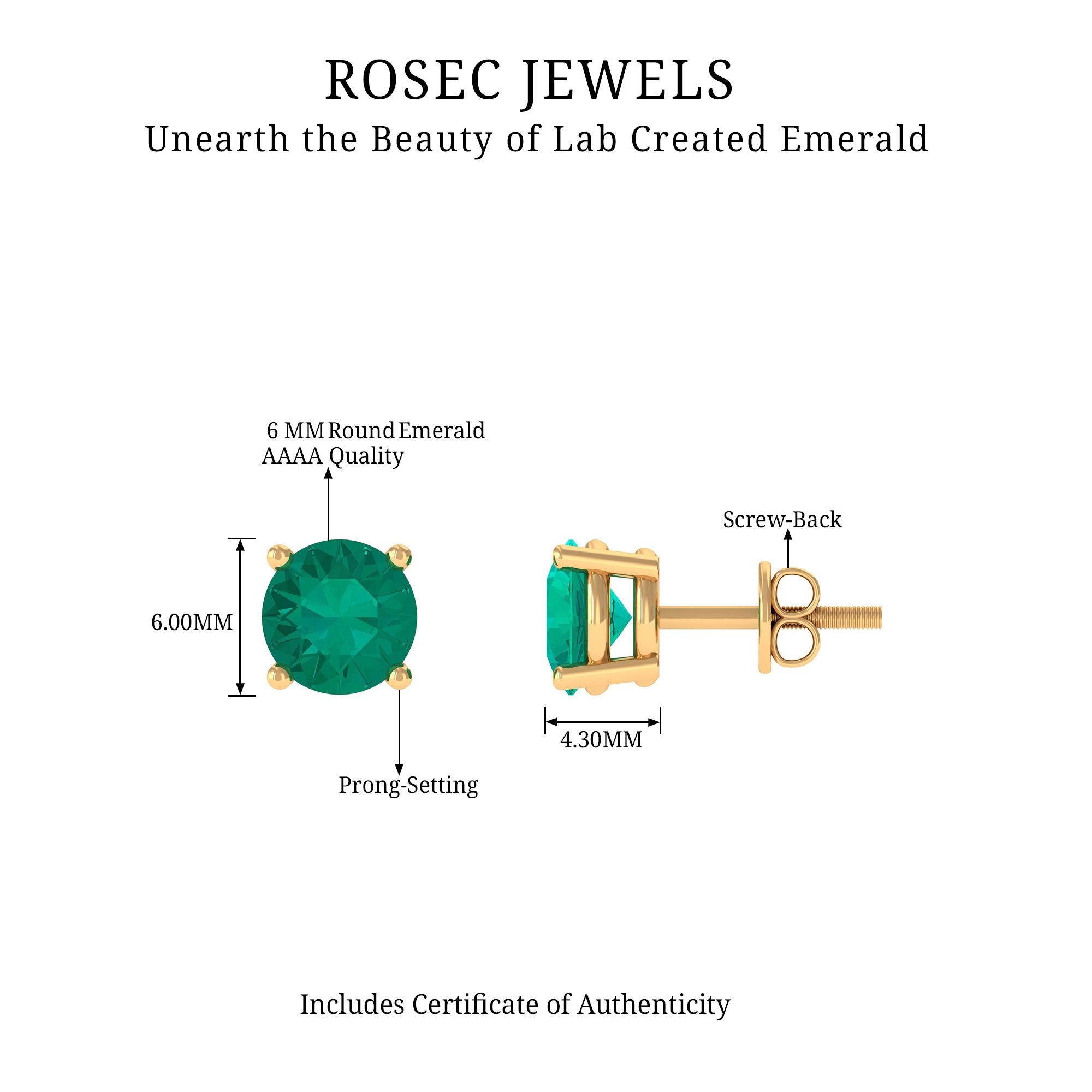 Round Shape Lab Grown Emerald Solitaire Stud Earrings Lab Created Emerald - ( AAAA ) - Quality - Rosec Jewels