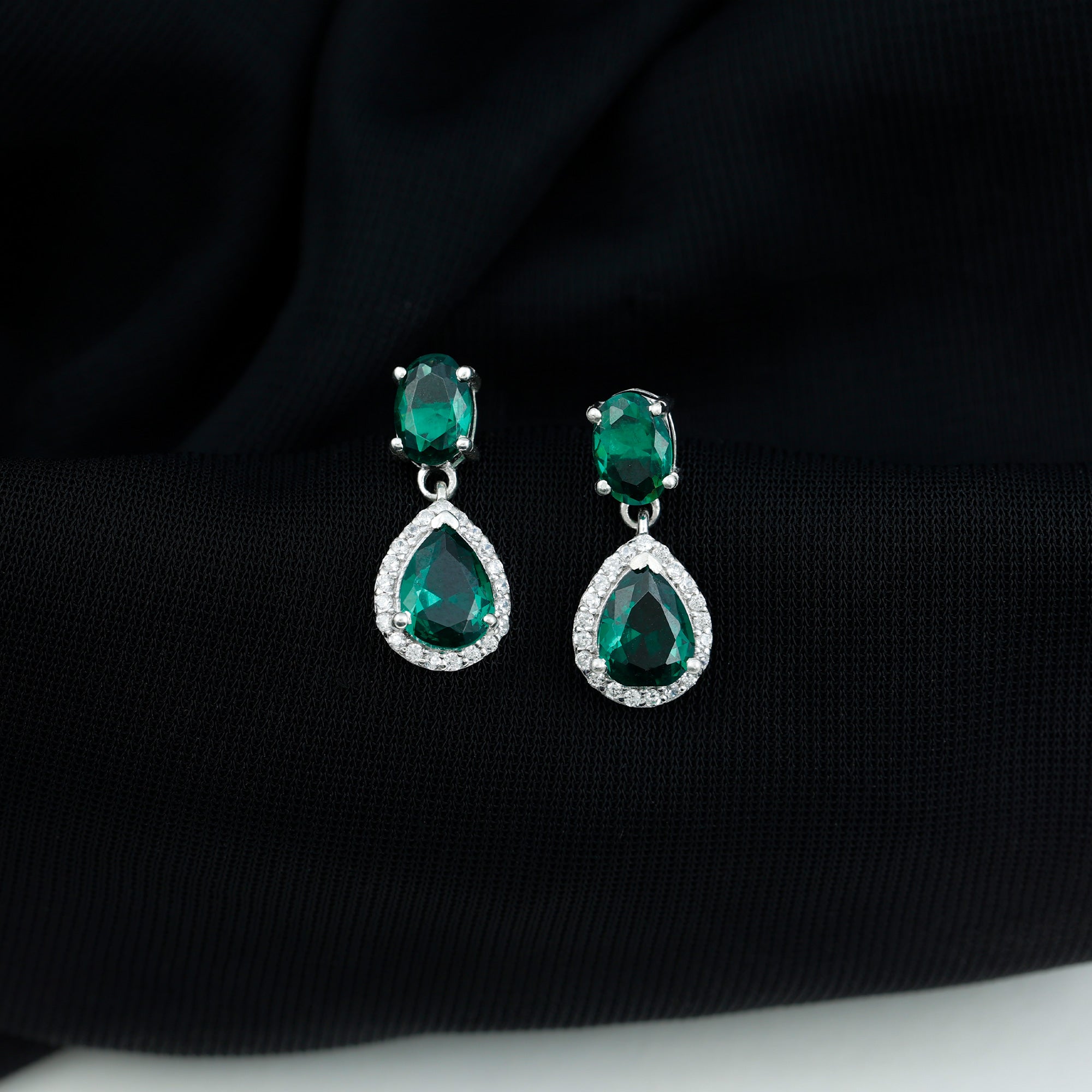 4.25 CT Created Emerald Classic Silver Dangle Earrings with Zircon Lab Created Emerald - ( AAAA ) - Quality 92.5 Sterling Silver - Rosec Jewels