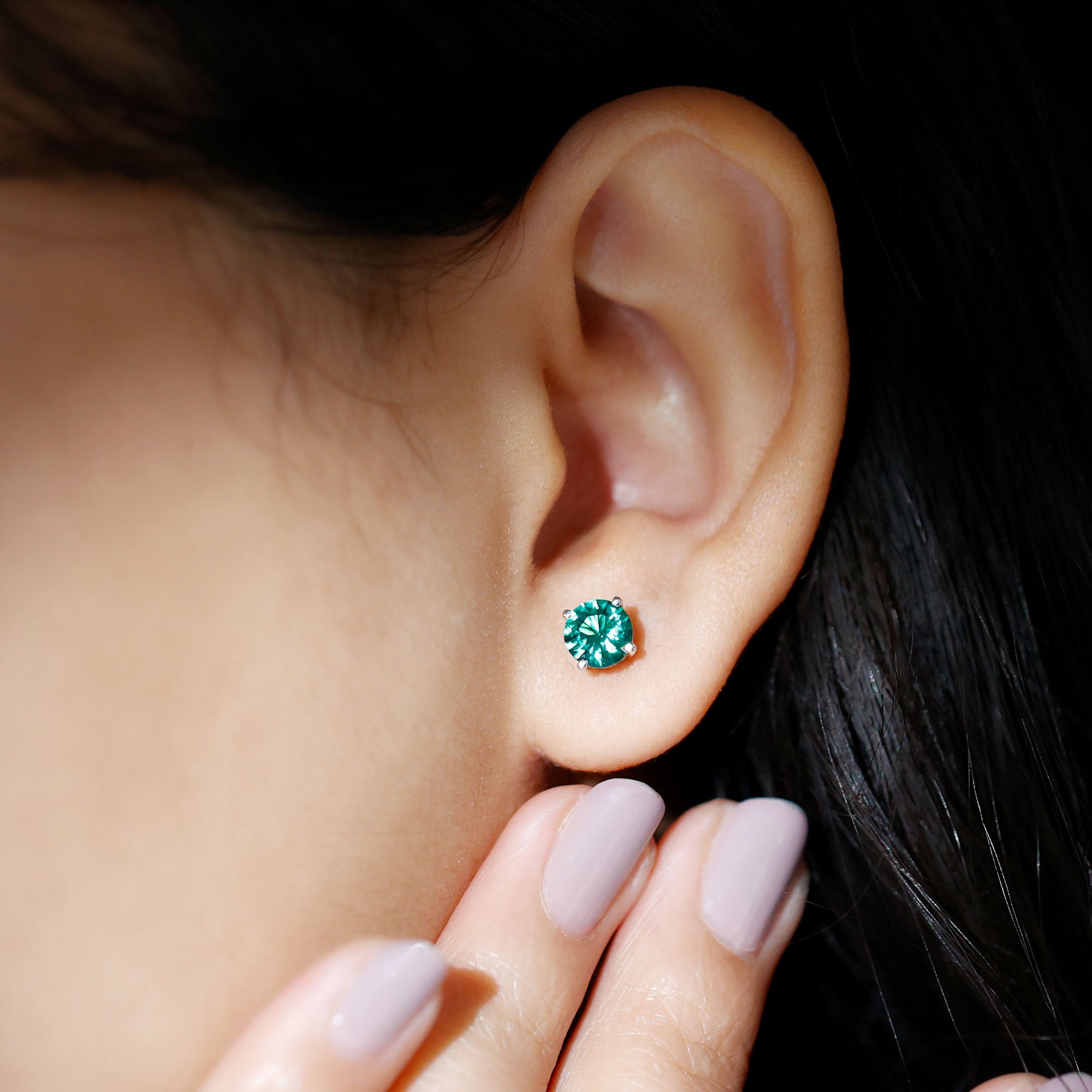 Elegant Created Emerald Solitaire Stud Silver Earrings Lab Created Emerald - ( AAAA ) - Quality 92.5 Sterling Silver - Rosec Jewels