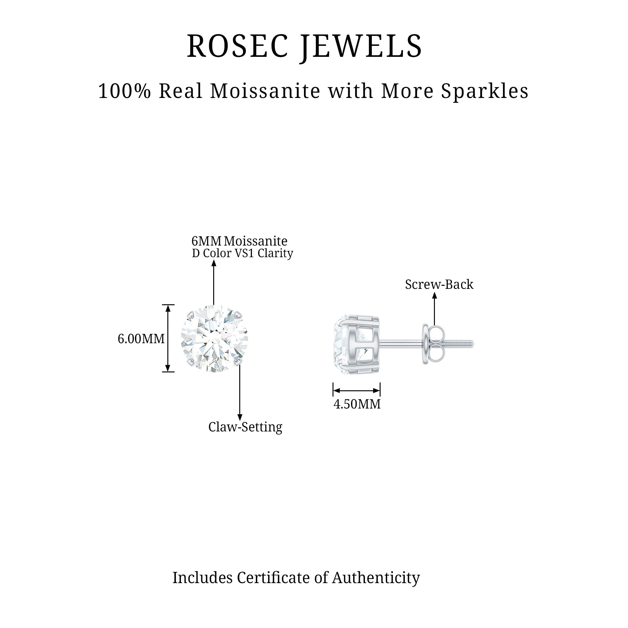 6 MM Moissanite Solitaire Stud Earrings Moissanite - ( D-VS1 ) - Color and Clarity - Rosec Jewels